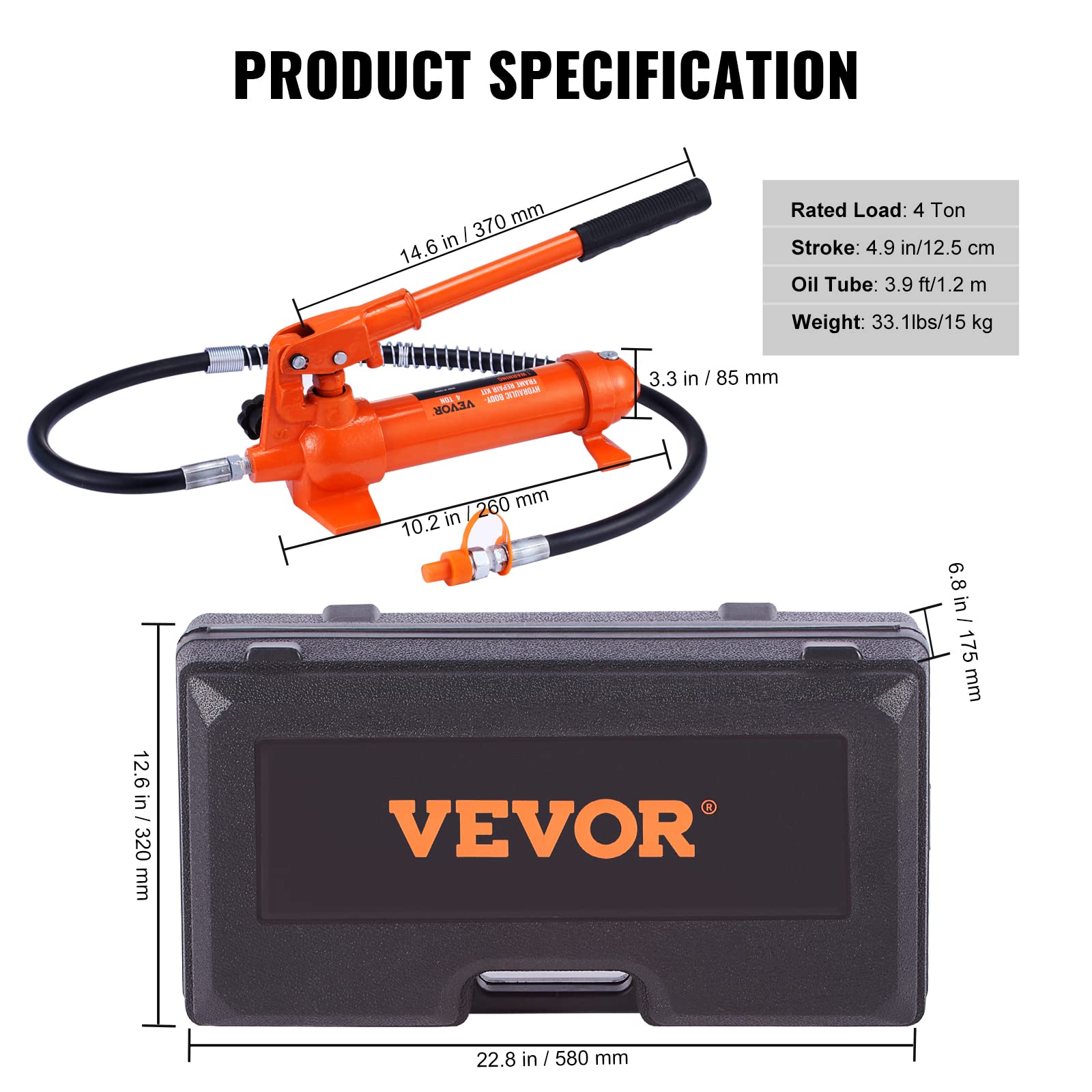 VEVOR 4 Ton Porta Power Kit - Portable Hydraulic Jack with 3.9ft Oil Hose, Auto Body Frame Repair Kit (8800LBS) - Ideal for Car Repair, Truck Maintenance & Farm Equipment Fixing