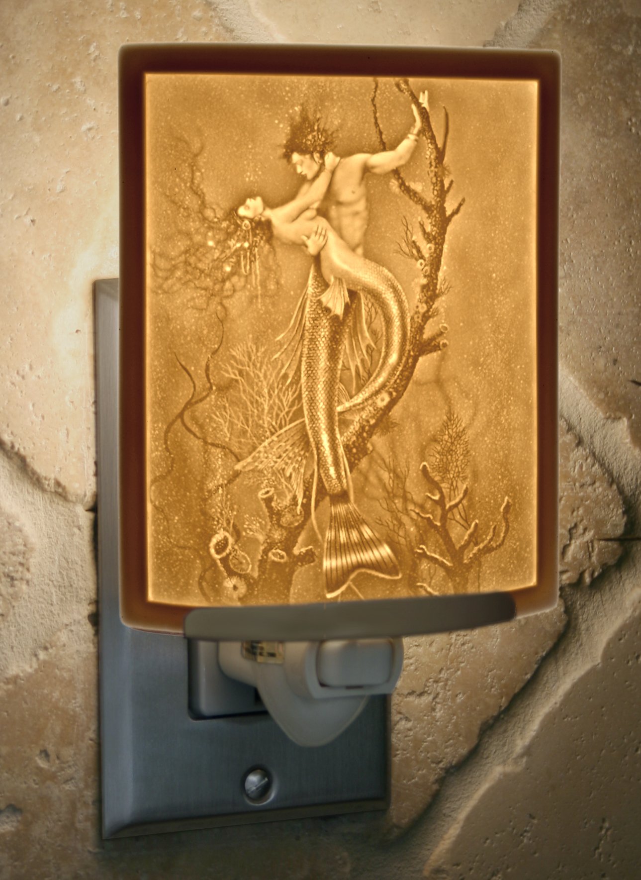 Mermaid & Merman Porcelain Lithophane Night Light - David Delamare Art, Decorative Plug-in Wall Light for Nursery, Bedroom, Kitchen, Bathroom & Hallway | Fantasy Themed Accent Lighting for Home Decor & Gift Giving