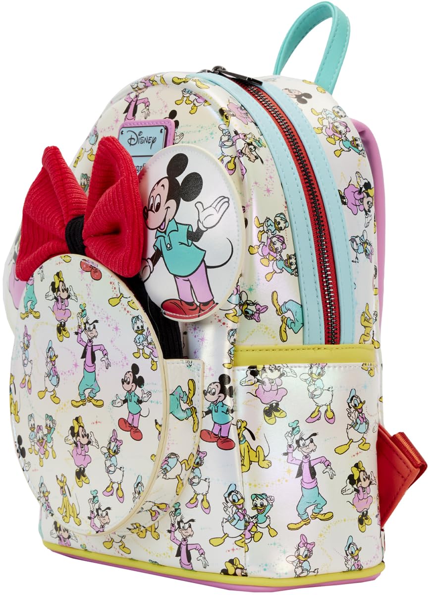 Disney 100 Mickey & Minnie Mouse Loungefly Mini Backpack with Ear Support - Cute Disney Character AOP Design for Women & Girls - Perfect for Theme Parks, Travel, and Everyday Use