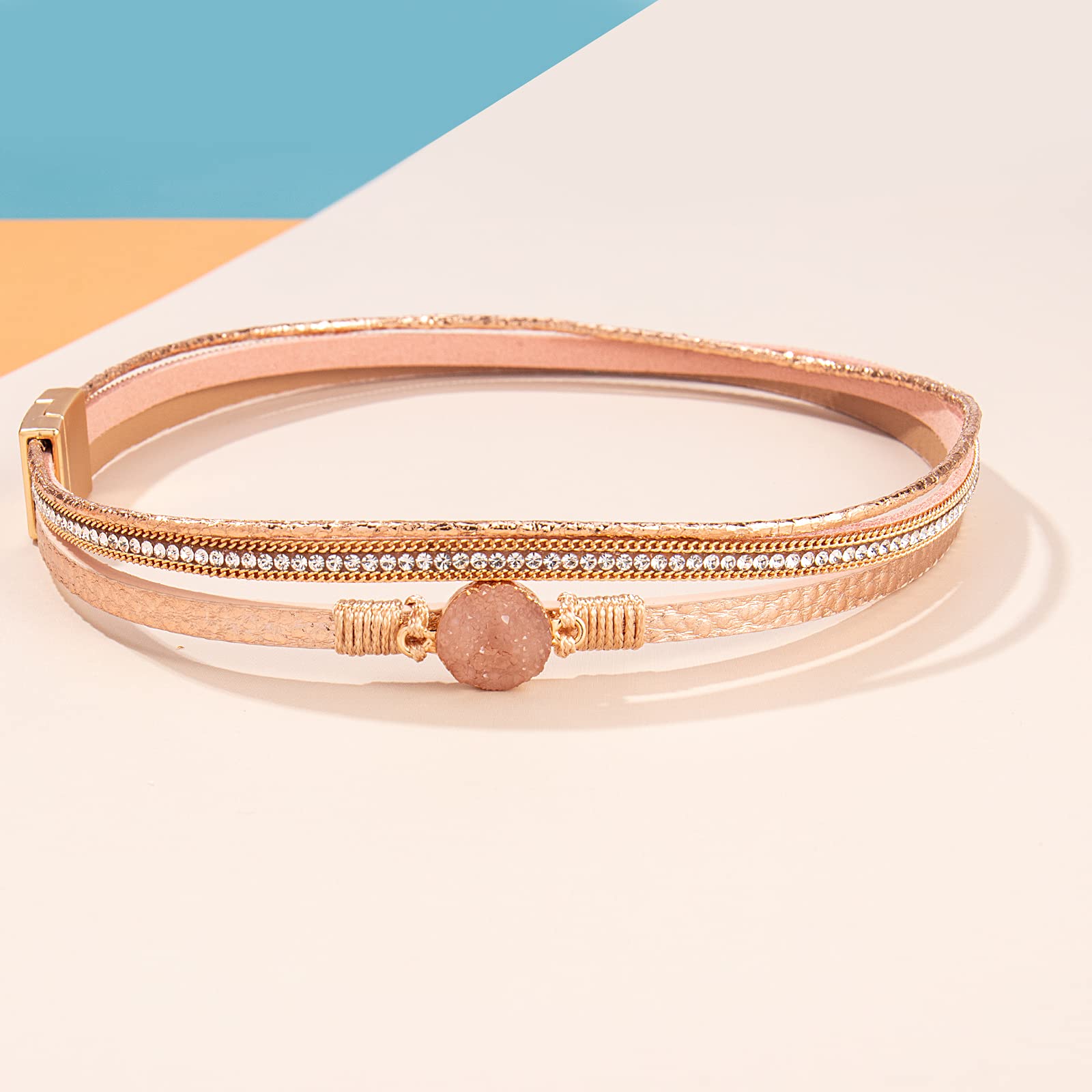 Boho Wrap Bracelet for Women - Handmade Leather Cuff with Shiny Resin Stones & Secure Clasp | Bohemian Jewelry for Everyday Wear & Festival Fashion