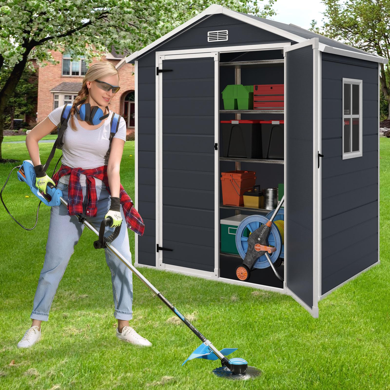 6x4.4FT Resin Outdoor Storage Shed - Waterproof Plastic Garden Shed with Floor & Lockable Doors for Patio, Yard, Lawn - Perfect for Storing Garden Tools, Pool Supplies & Outdoor Equipment (Dark Gray)