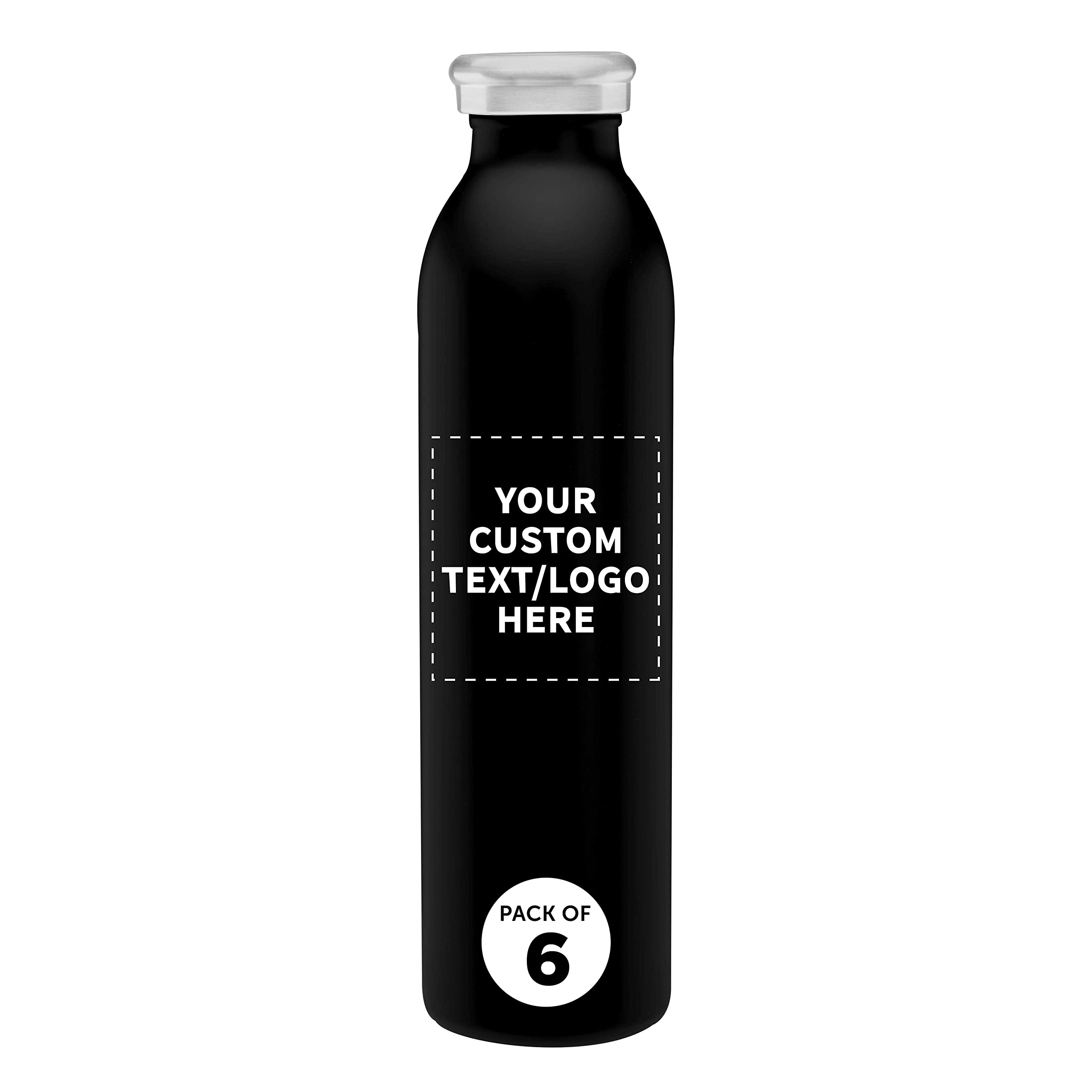 Custom 20oz Stainless Steel Water Bottles Set of 6 - Double Wall Vacuum Insulated, Personalized Bulk Pack for Coffee, Tea & Cold Drinks - Perfect for Office, Gym, Travel & Outdoor Activities - Black