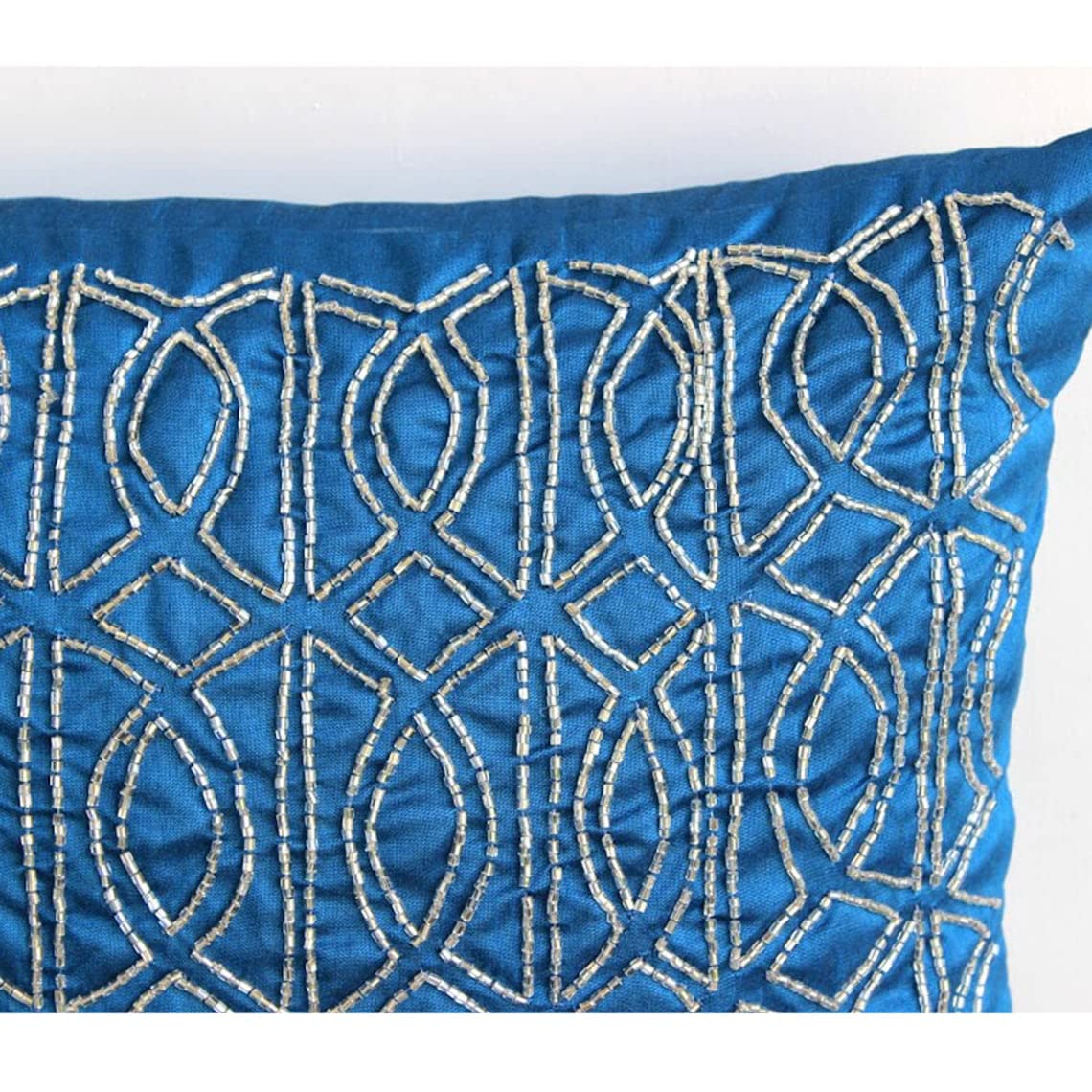 Royal Blue Silk Decorative Pillow Covers 16x16 inch (40x40 cm) - Geometric Trellis Lattice Design with Beaded Zipper Closure for Sofa, Couch, Bedroom & Living Room Decor