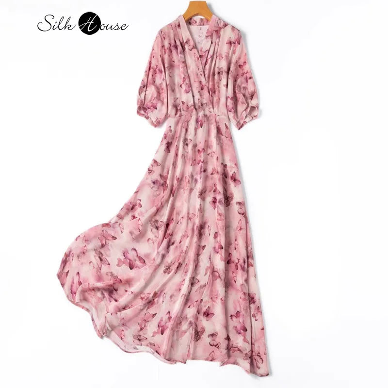 French Artistic Pink Purple Butterfly Print 1.2m Extended Hem 100% Mulberry Silk Women's Dress - Elegant Evening Gown for Weddings, Parties & Special Occasions