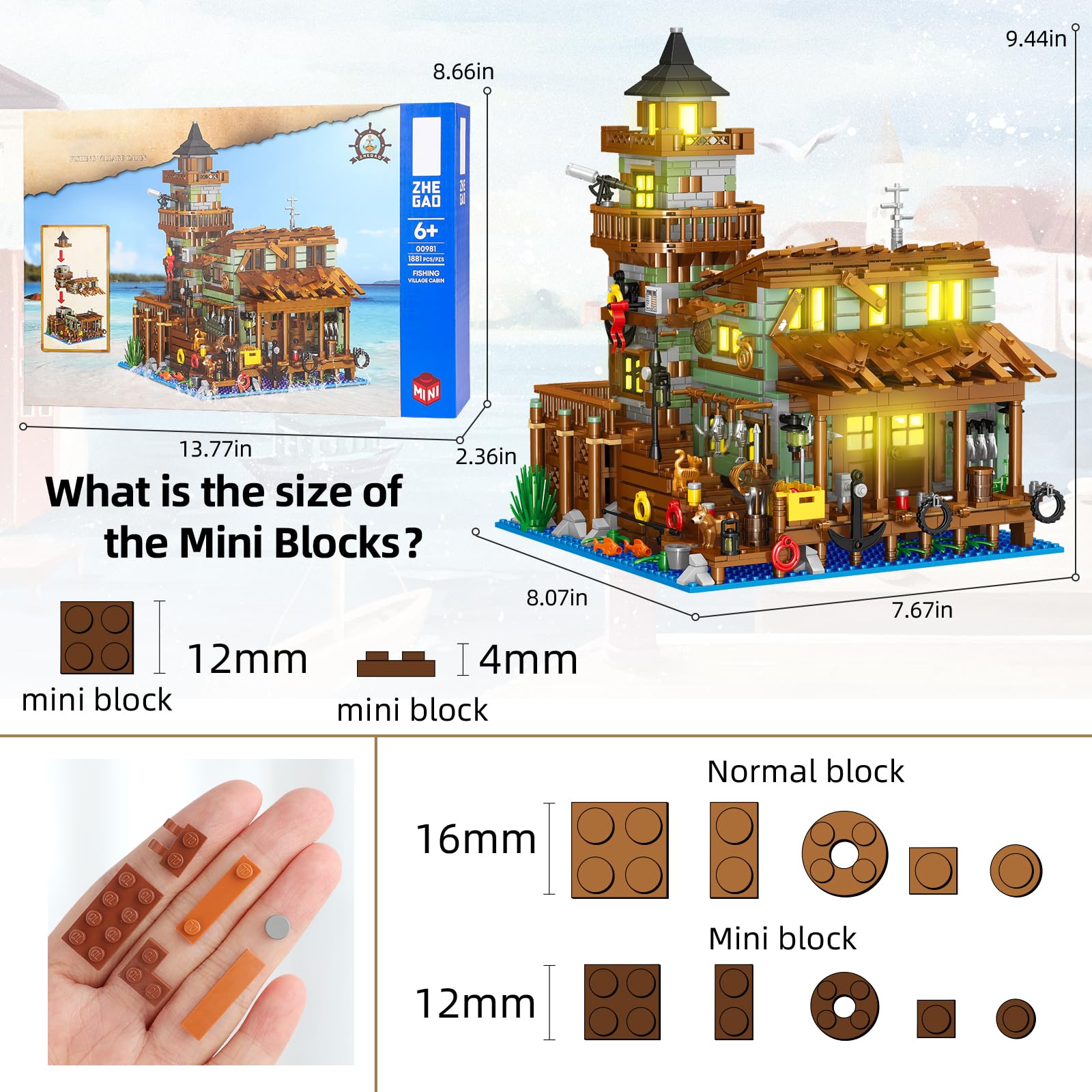 1881-Piece Wooden Cabin Mini Building Block Set with LED Lights - STEM Architecture Toy Kit for Adults & Kids Ages 8-12+ | Fishing Village Store House Model | Perfect Birthday Gift & Home Decoration (Not Compatible with Other Sets)