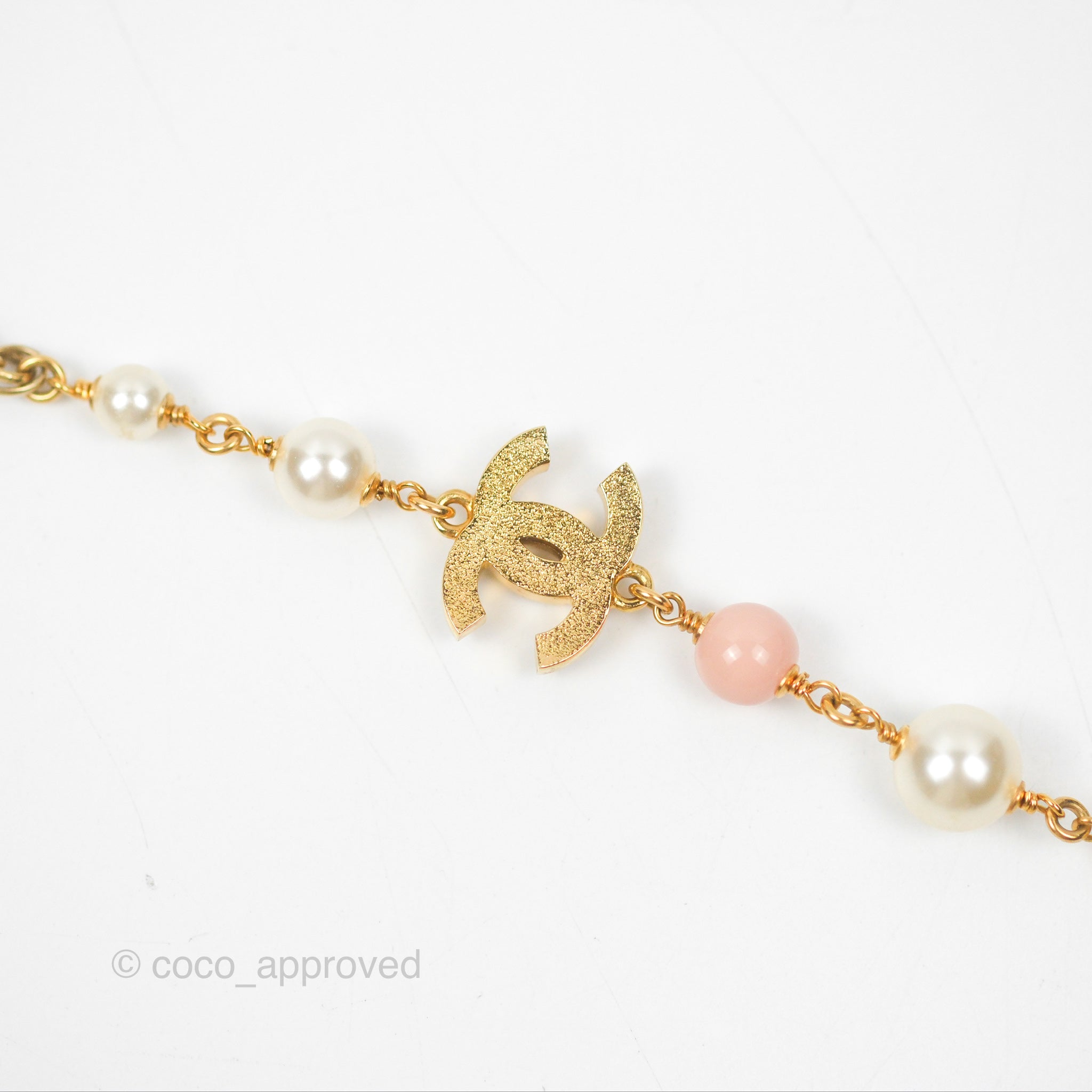 Chanel CC Pearl Pink Beaded Necklace in Gold Tone - Elegant Fashion Jewelry for Women, Perfect for Parties, Weddings & Special Occasions