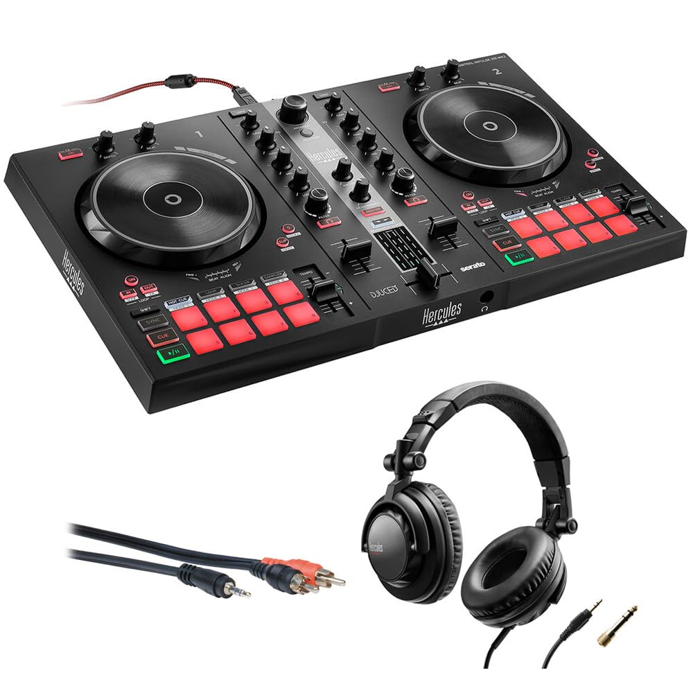 Hercules DJ Control Inpulse 300 MK2 2-Deck USB DJ Controller Bundle with HDP DJ45 Closed-Back Over-Ear Headphones & 6ft RCA Cables - Professional DJ Setup for Home Studios, Clubs & Live Performances