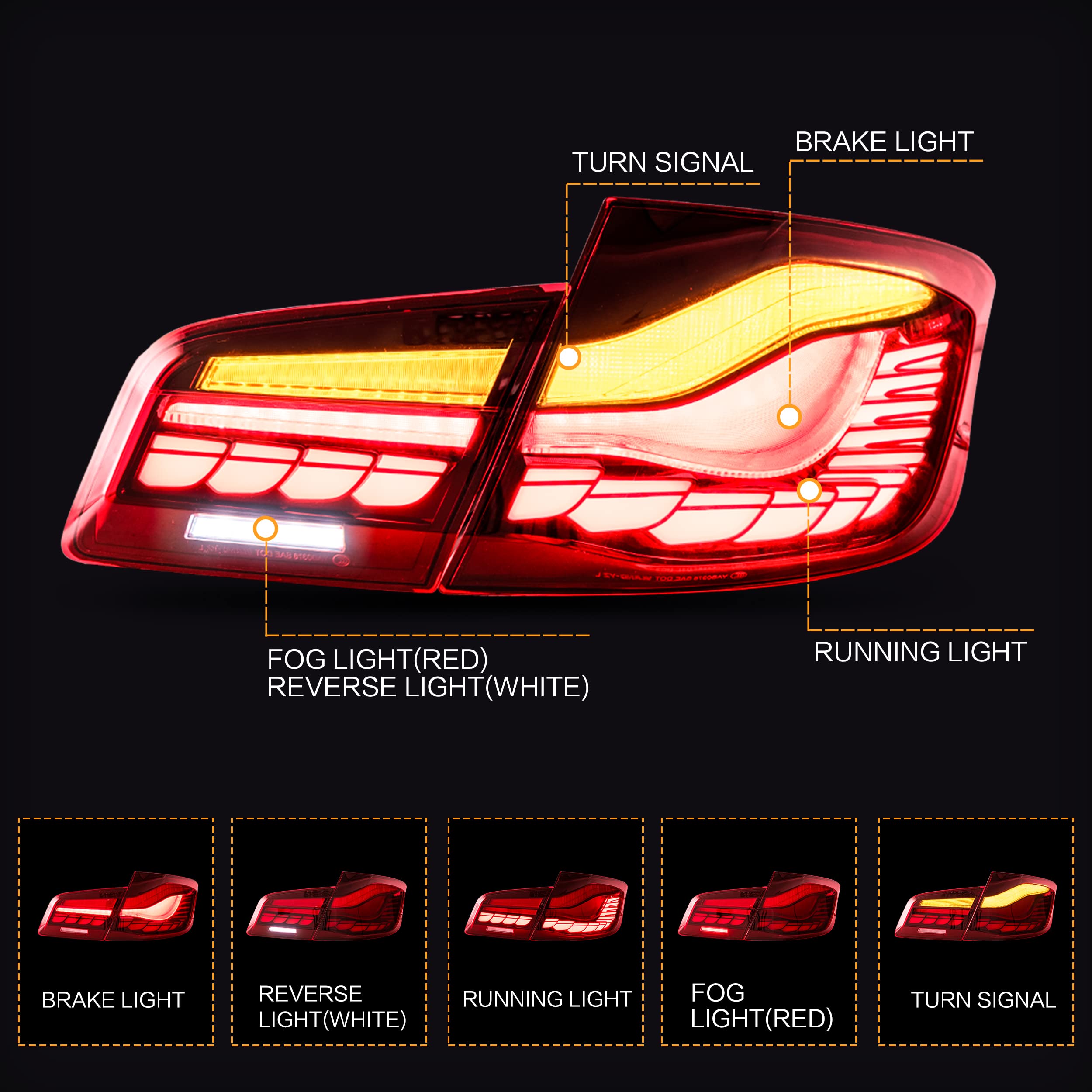 VLAND OLED Tail Lights Assembly for BMW 5 Series F10 F18 2011-2017 - Dynamic Dragon Scale DRL Red Rear Lamps - Upgrade Your 535i, 528i, 550i - Perfect for Night Driving & Car Customization