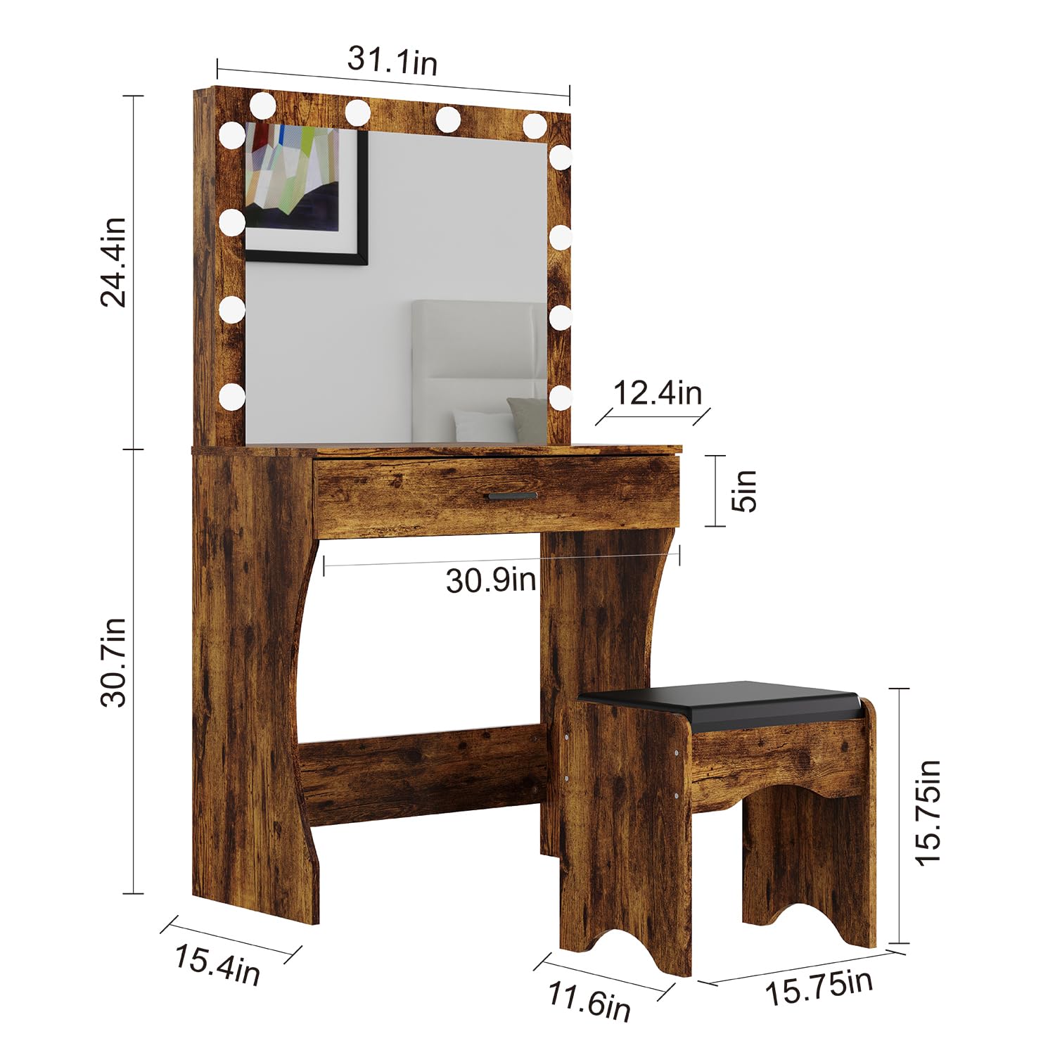 Vanity Desk with Mirror and Adjustable LED Lights, Makeup Vanity Table Set with Storage Drawer & Stool - Elegant Brown Dressing Table for Bedroom | Perfect for Beauty Routine, Makeup Application & Home Decor