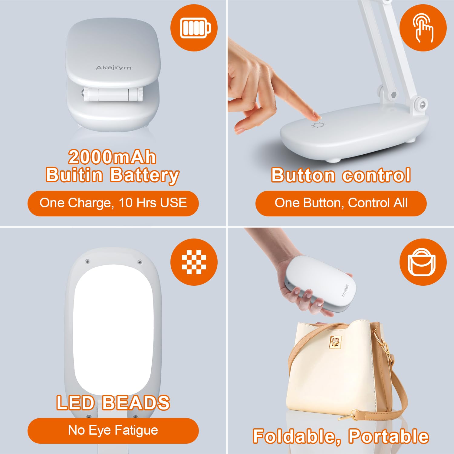 Rechargeable LED Desk Lamp with 3 Brightness Levels - Foldable & Portable Wireless Reading Light for Office, Home, Study - Battery Operated Small Desk Lamp with 2-Fold Bracket (White) | Perfect for Night Reading, Working, and Travel Use