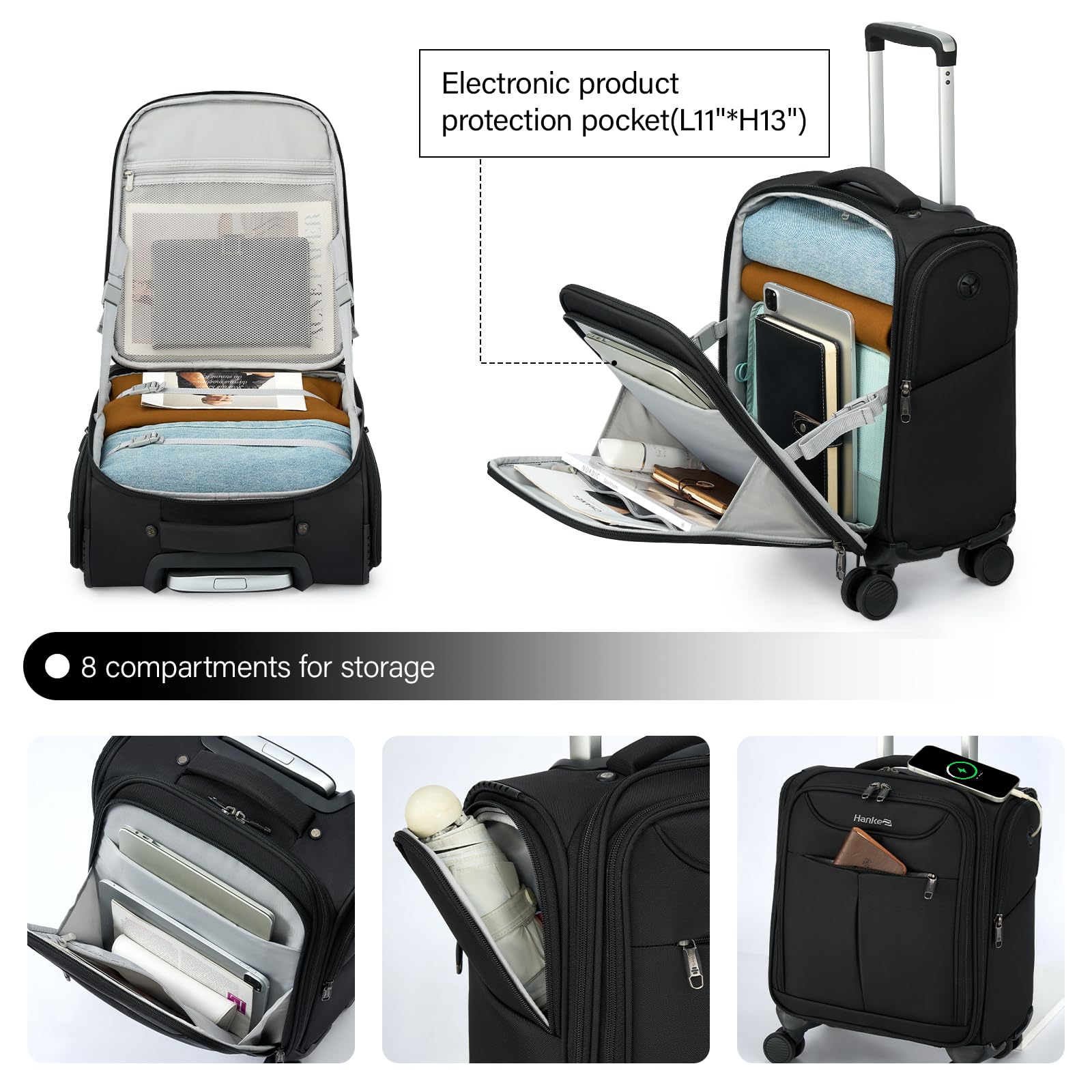 Hanke 16 Inch Underseat Carry On Luggage with 360° Spinner Wheels - Lightweight Airline Approved Softside Travel Bag for Women & Men - Compact Personal Item Suitcase Fits Under Airplane Seat (Black) | Perfect for Business Trips, Weekend Getaways & Cabin Luggage
