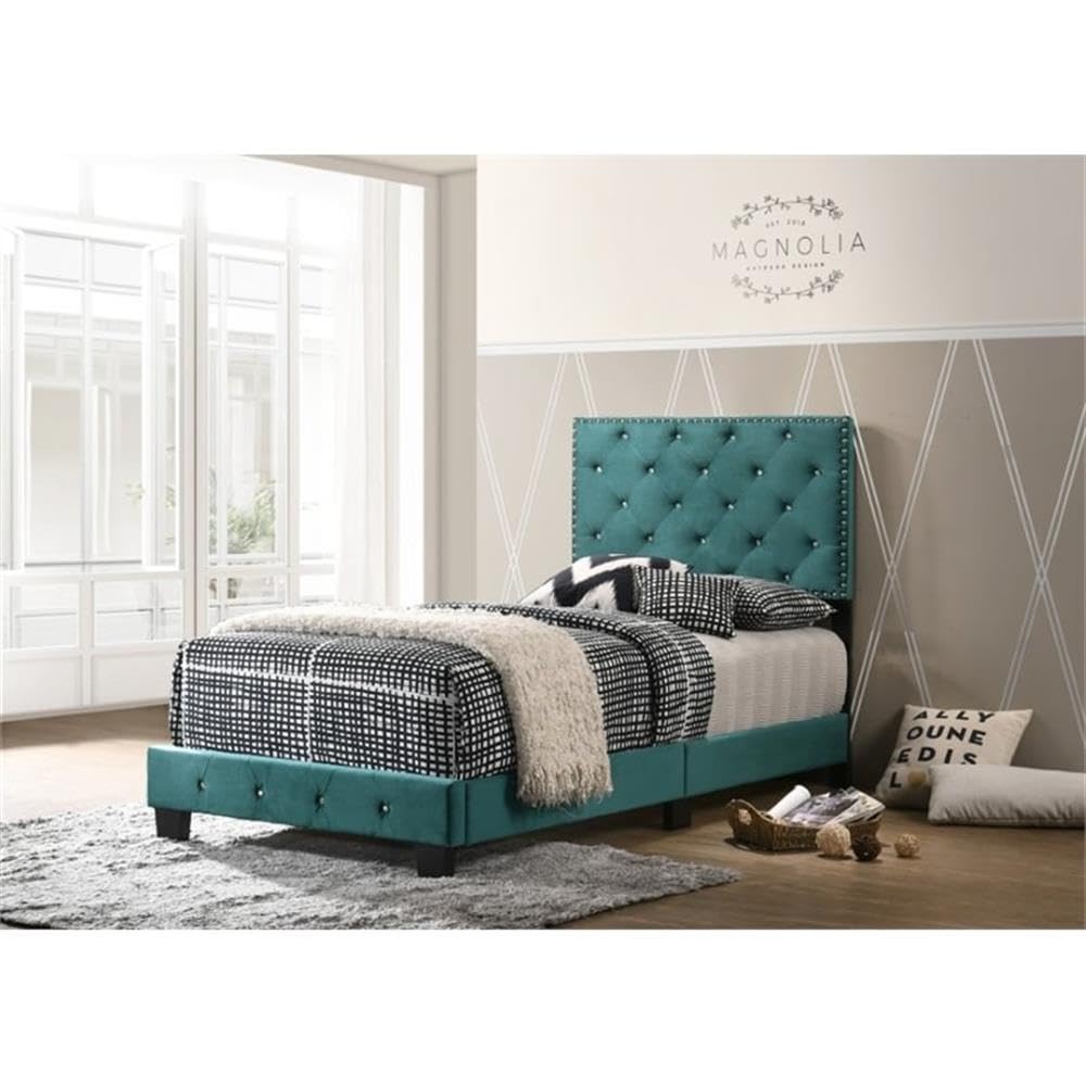 Glory Furniture Suffolk Velvet Upholstered Twin Bed in Green - Luxurious Velvet Twin Size Bed Frame for Kids & Teens Bedroom, Guest Room, or Dormitory