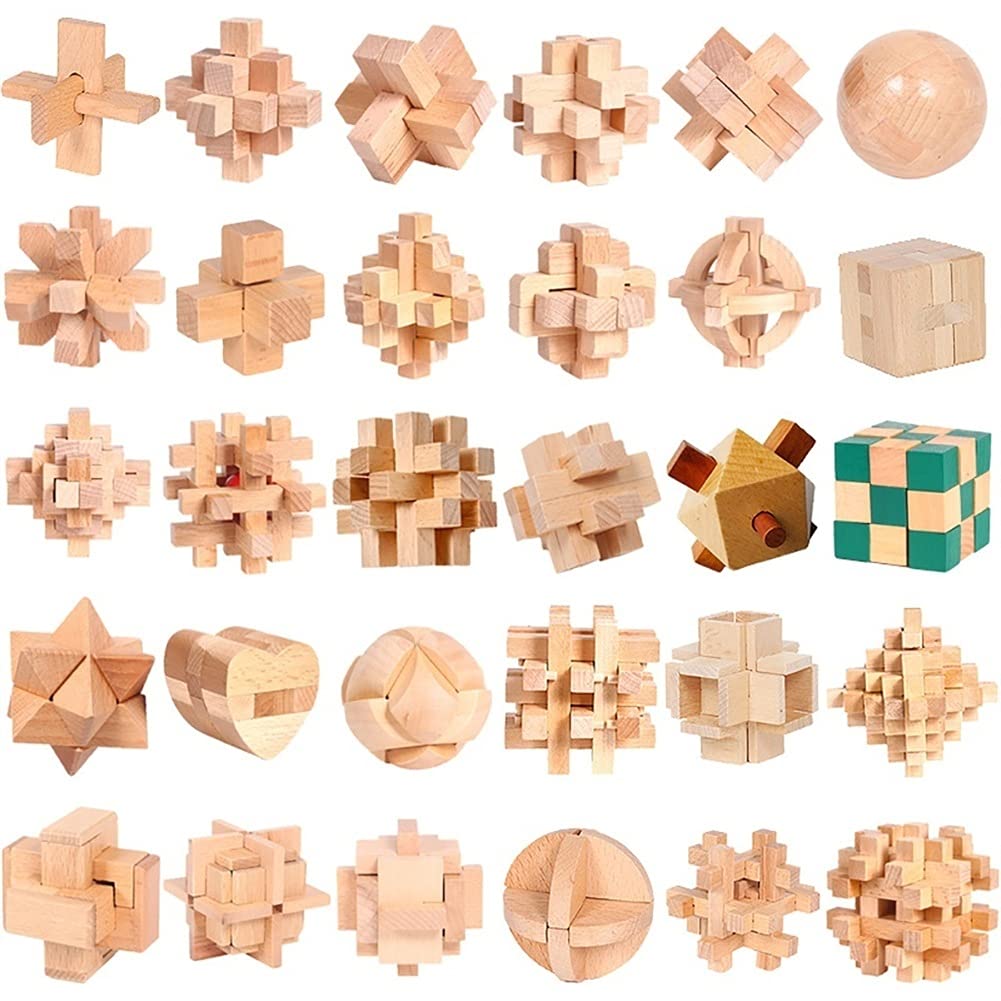 3D Stress Relief Wooden Puzzle Toy - Luban Lock Kongming Lock Brain Teaser Game for Kids & Adults - 30pcs Jumu Beech Interlocking Building Blocks for Anxiety Relief & Focus - Perfect for Office Desk, Classroom, Travel & Gift Giving