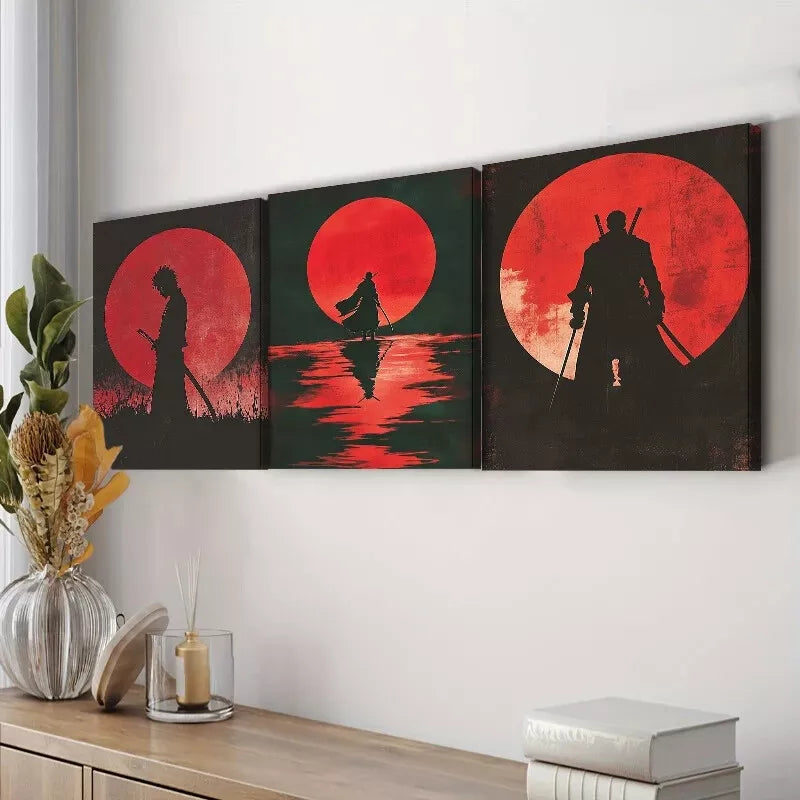 3-Piece Samurai Red Moon Dark Background Wall Art Set - Framed Canvas 40x60cm (16x24in) - High Quality Print, 100% Australian Made, Ready to Hang - Perfect for Living Room, Bedroom, or Office Decor