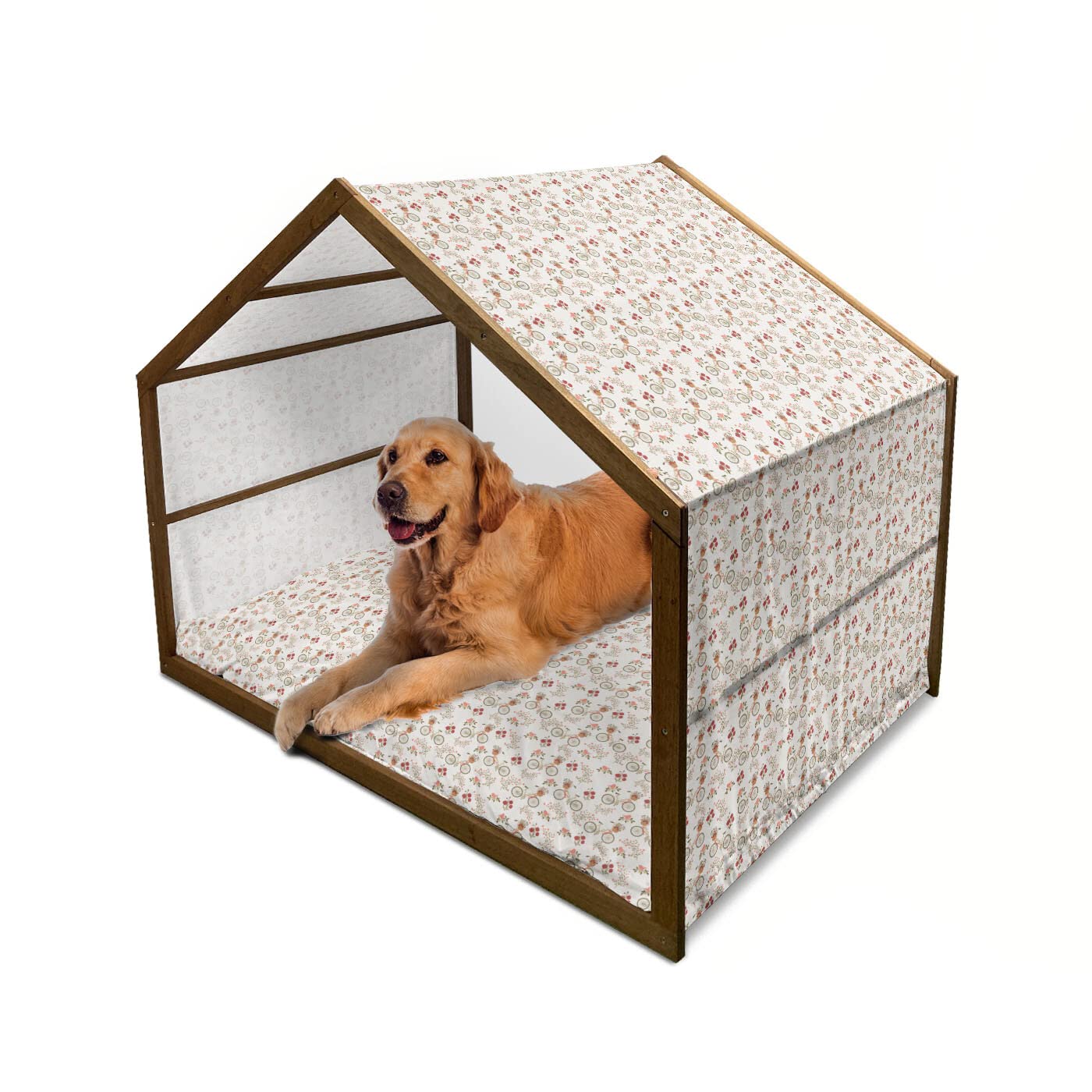 Ambesonne Floral Wooden Dog House - Vintage Romance Bikes & Poppy Flowers Design, Indoor & Outdoor Portable Pet Kennel with Pillow & Cover, 2X-Large, Multicolor - Perfect for Spring Decor & Cozy Pet Shelter
