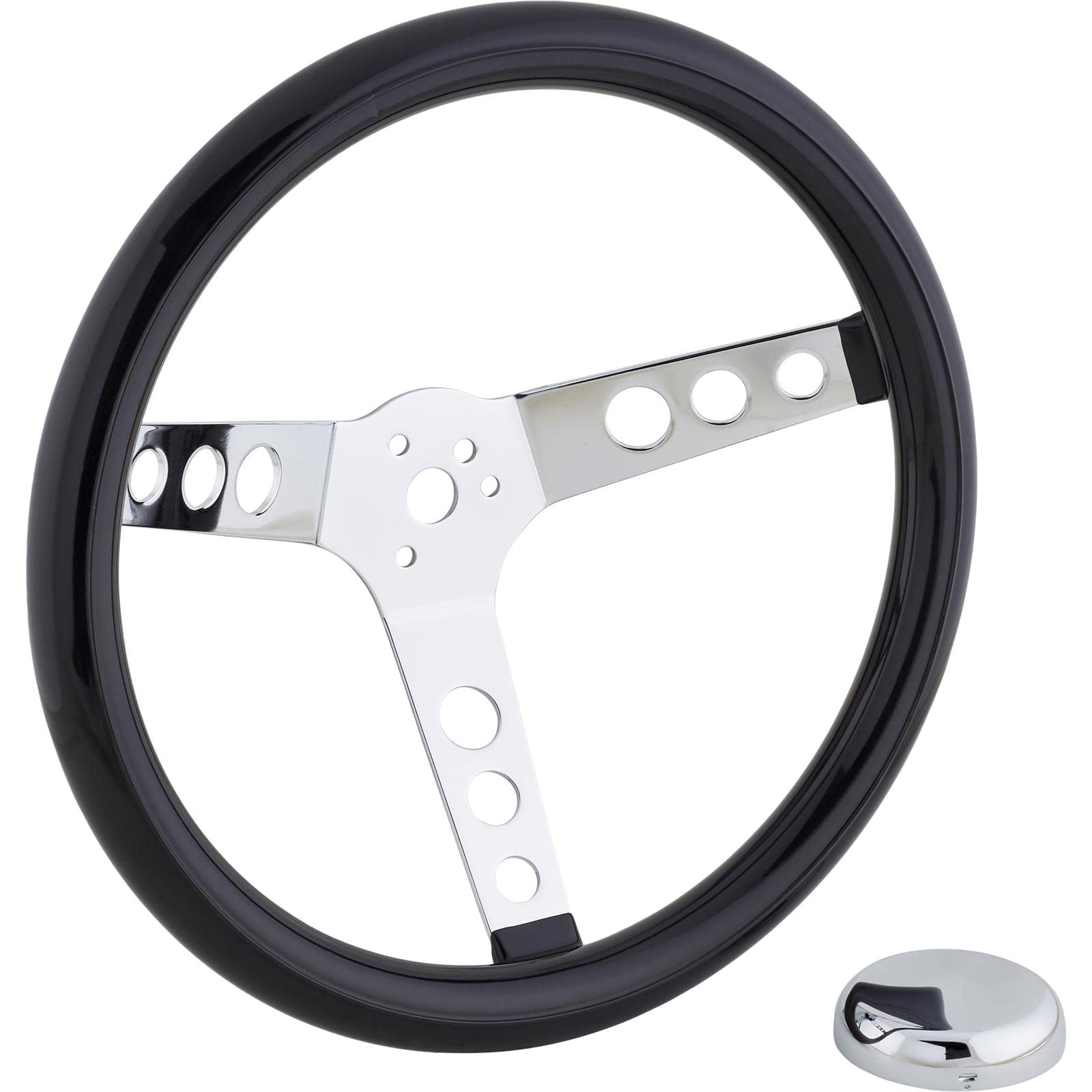 Speedway Classic 13 Inch Black Steering Wheel - Smooth Cushion & Chrome Spokes | 3-Bolt Mount | Steel Construction | Chrome Cap & Rubber Grip | Horn Button Compatible | Perfect for Hot Rods, Classic Cars & Racing Vehicles