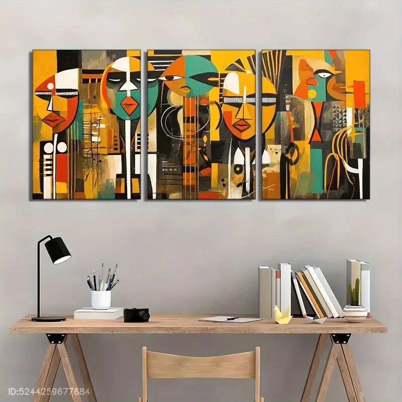 3Pcs Abstract African Tribal Art Metal Wall Decor - Ready to Hang Canvas Prints for Living Room, Bedroom & Office Decor