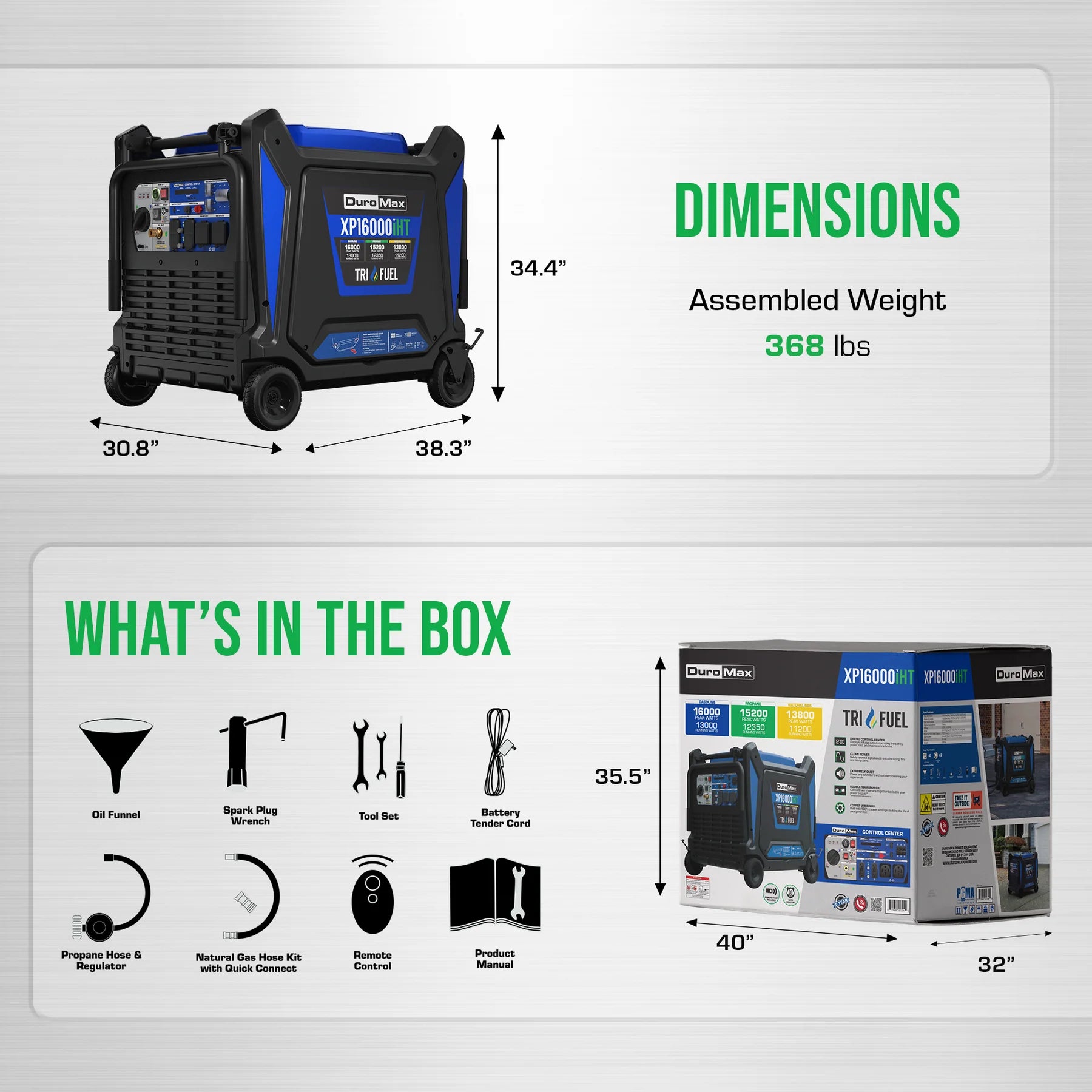 DuroMax XP16000iHT 13000W/16000W Tri Fuel Portable Generator - Gasoline, Propane & Natural Gas - Electric Start with CO Alert - Quiet Inverter Technology - Perfect for Home Backup, Camping & Emergency Power