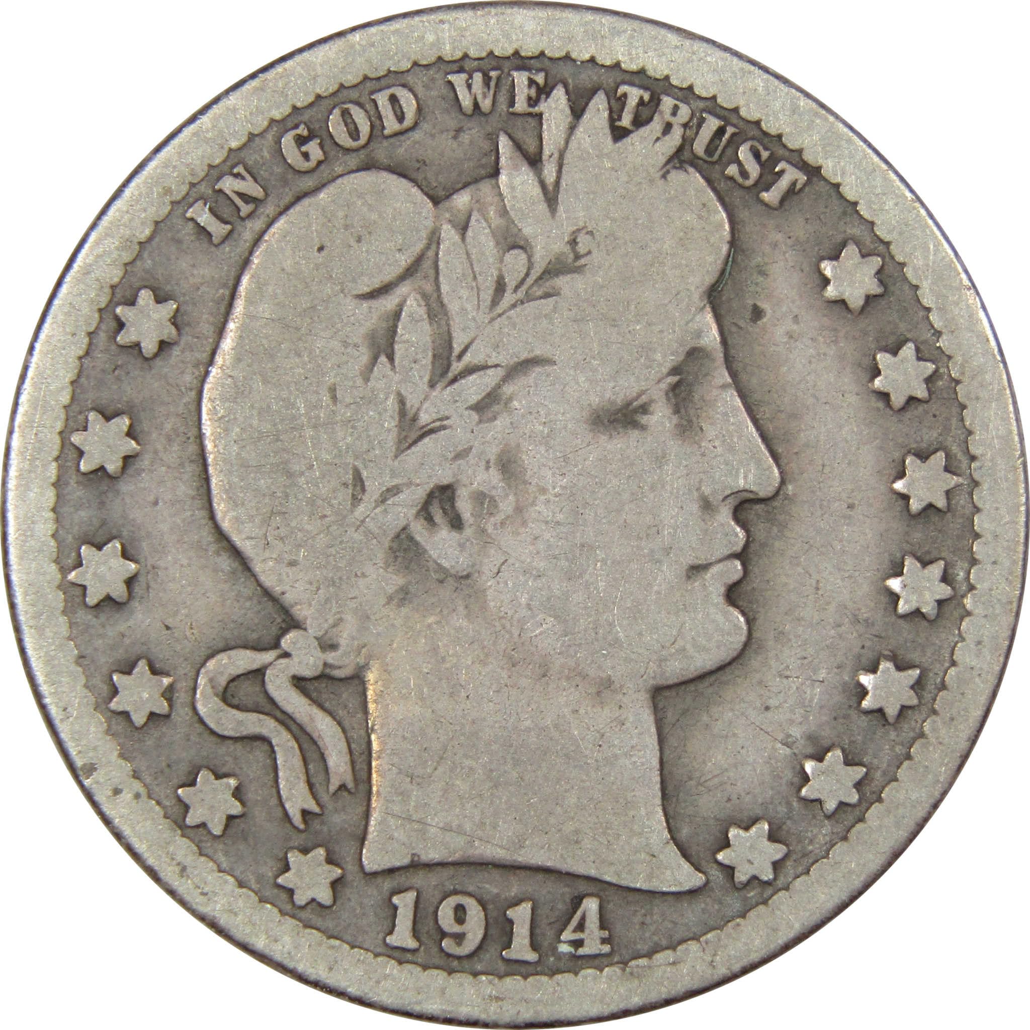1914 S Barber Quarter VG Very Good Condition Silver 25c Coin – Rare Collectible Coin for Sale | Perfect for Coin Collectors & History Enthusiasts | SKU: IPC3980