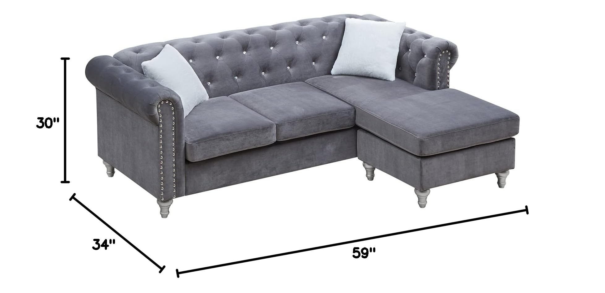 Glory Furniture Raisa Velvet Sofa Chaise in Gray - Luxurious Modern Sectional Couch for Living Room, Lounge & Home Theater