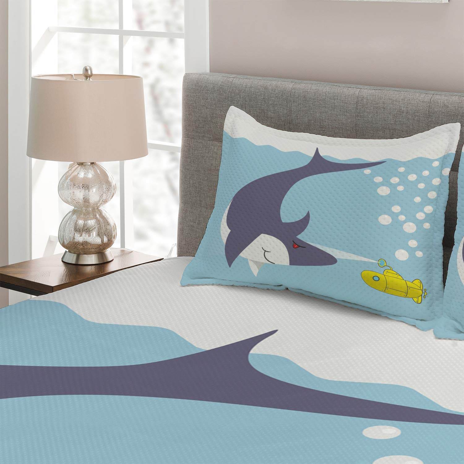 Ambesonne Yellow Submarine Quilt Set - Queen Size 3-Piece Ocean Theme Bedspread with Shark & Ship Design, Blue Grey Yellow Cartoon Bedding for Kids & Adults | Perfect for Nautical Bedroom Decor, Guest Rooms & Themed Dorm Essentials