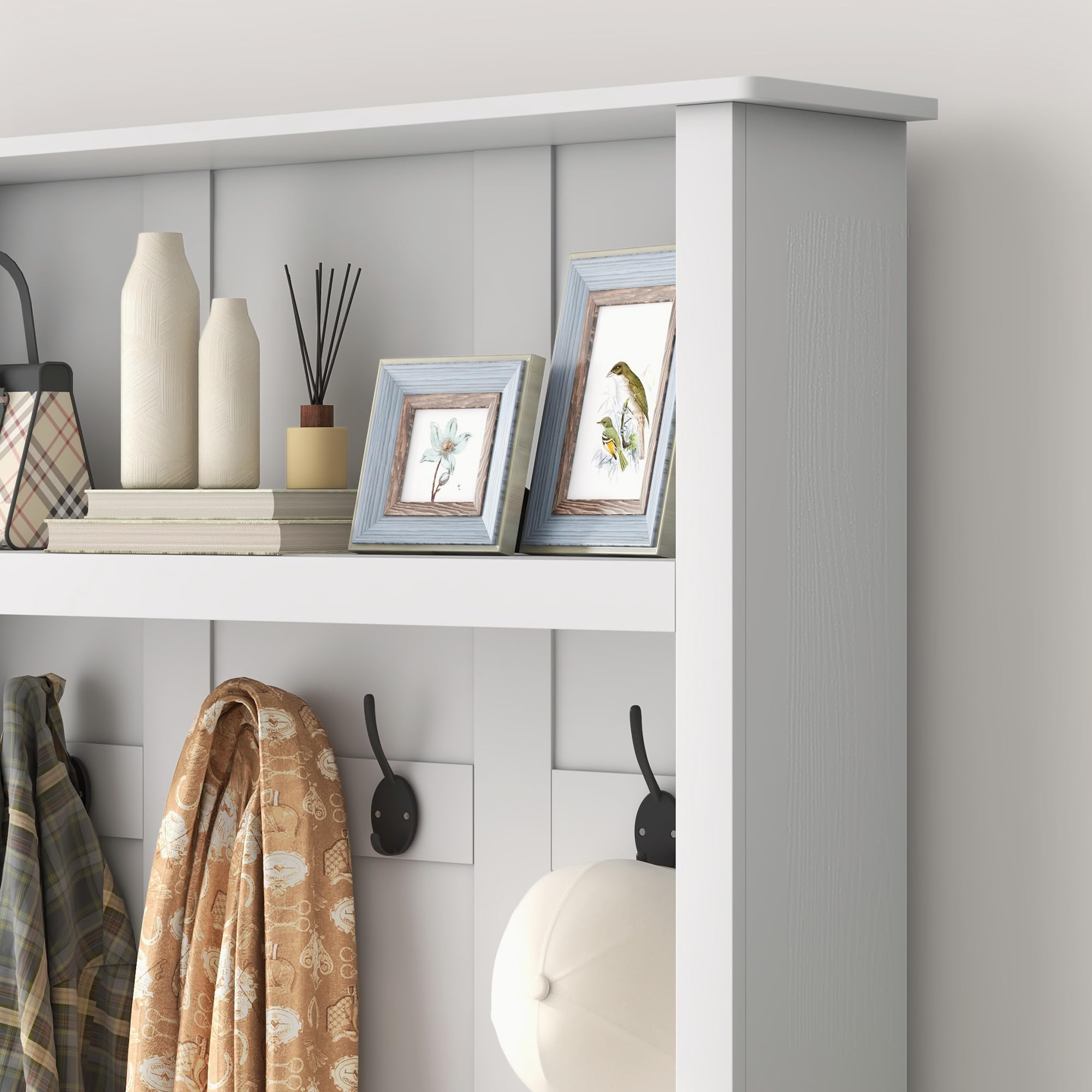 HOMCOM 42 Inch 3-in-1 Entryway Hall Tree with Storage Bench, Coat Rack with 6 Hooks, Shoe Organizer and Top Shelf - White | Perfect for Mudroom, Foyer & Entryway Organization