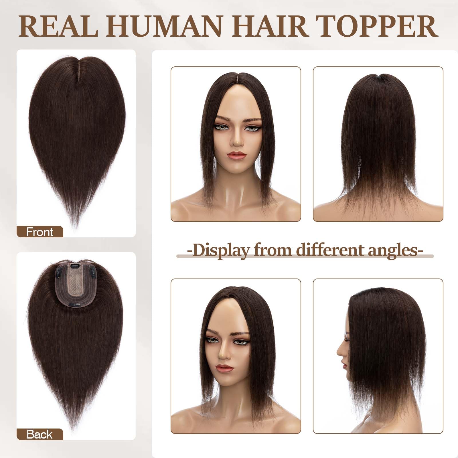 100% Human Hair Toppers for Women - Clip-in Remy Hair Topper with Silk Base for Thinning Hair | 16 Inch Dark Brown (#2) | Natural Looking Hair Replacement Solution for Daily Wear, Special Occasions & Confidence Boost
