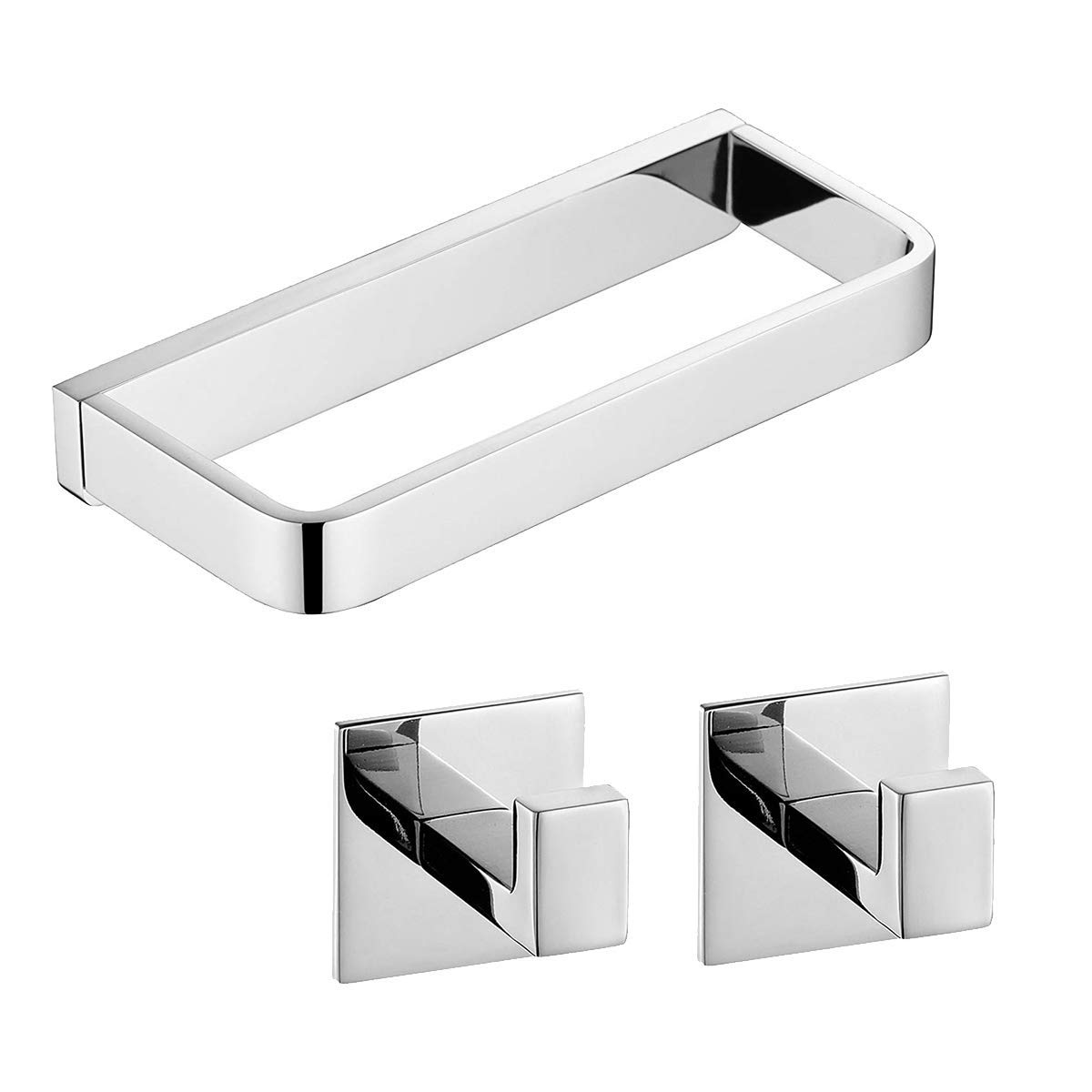 Flybath Square Solid Towel Ring with 2 Towel Hooks - Wall Mounted Bathroom Hardware for Bath Towels & Hand Towels - Perfect for Bathroom, Kitchen, and Laundry Room Organization