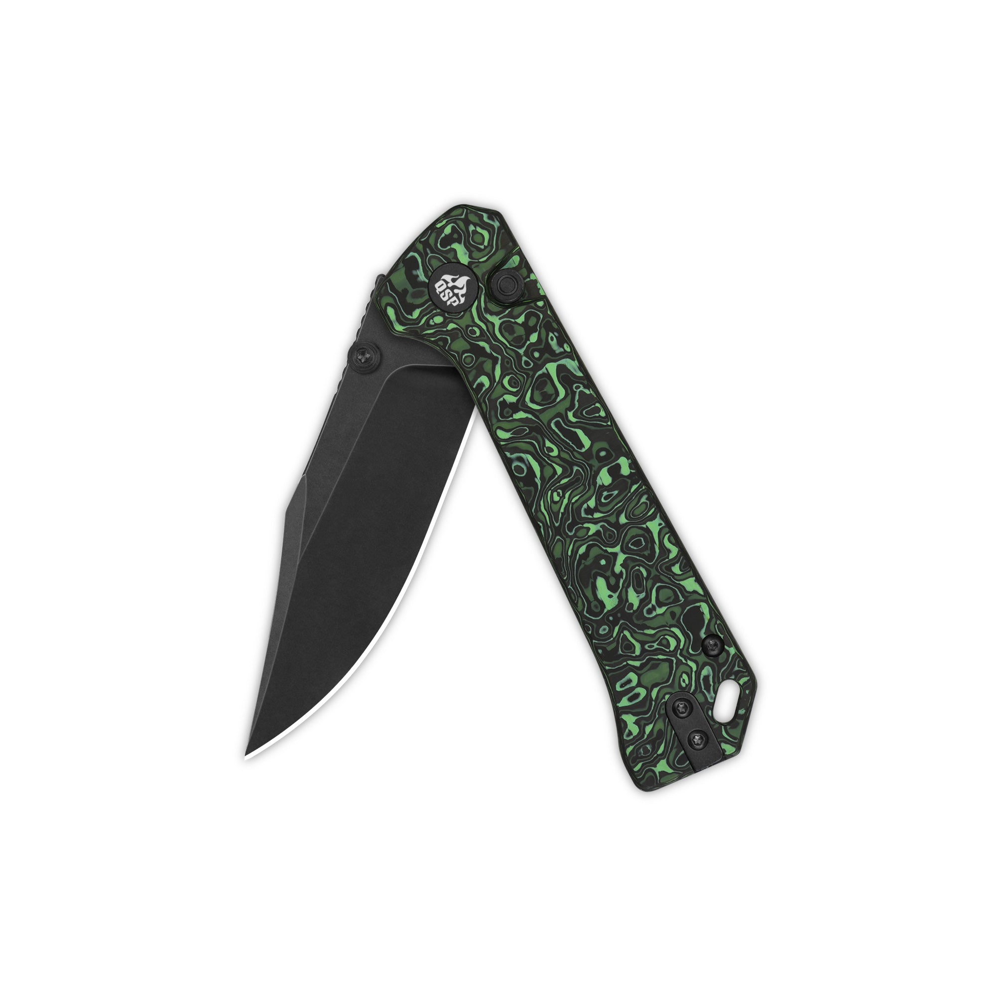 QSP Grebe Button Lock Pocket Knife - S35VN Steel Blade, Green Camo Carbon Fiber Handle - EDC, Outdoor, Camping, Hunting, Survival Gear