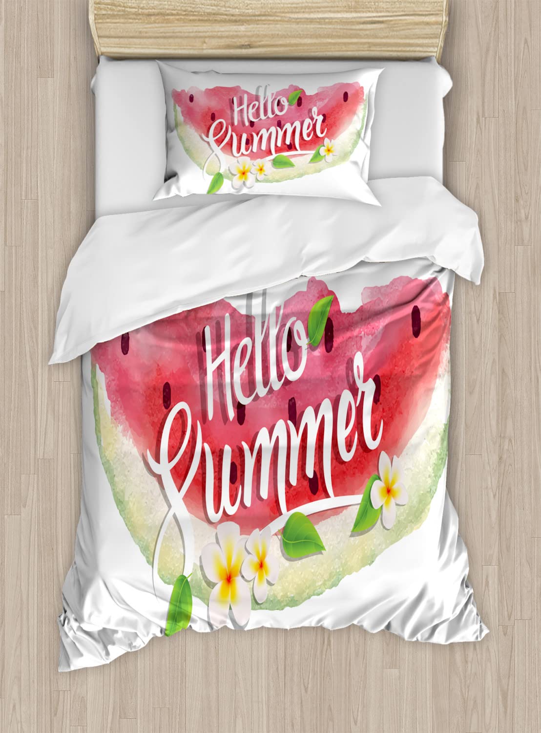 Ambesonne Watercolor Duvet Cover Set - Summer Themed Bedding with Watermelon & Poppies Design, 2-Piece Queen Size Set Includes 2 Duvet Covers & 4 Pillowcases in Pink & Mint Green | Perfect for Summer Bedroom Decor, Guest Rooms & Vacation Homes
