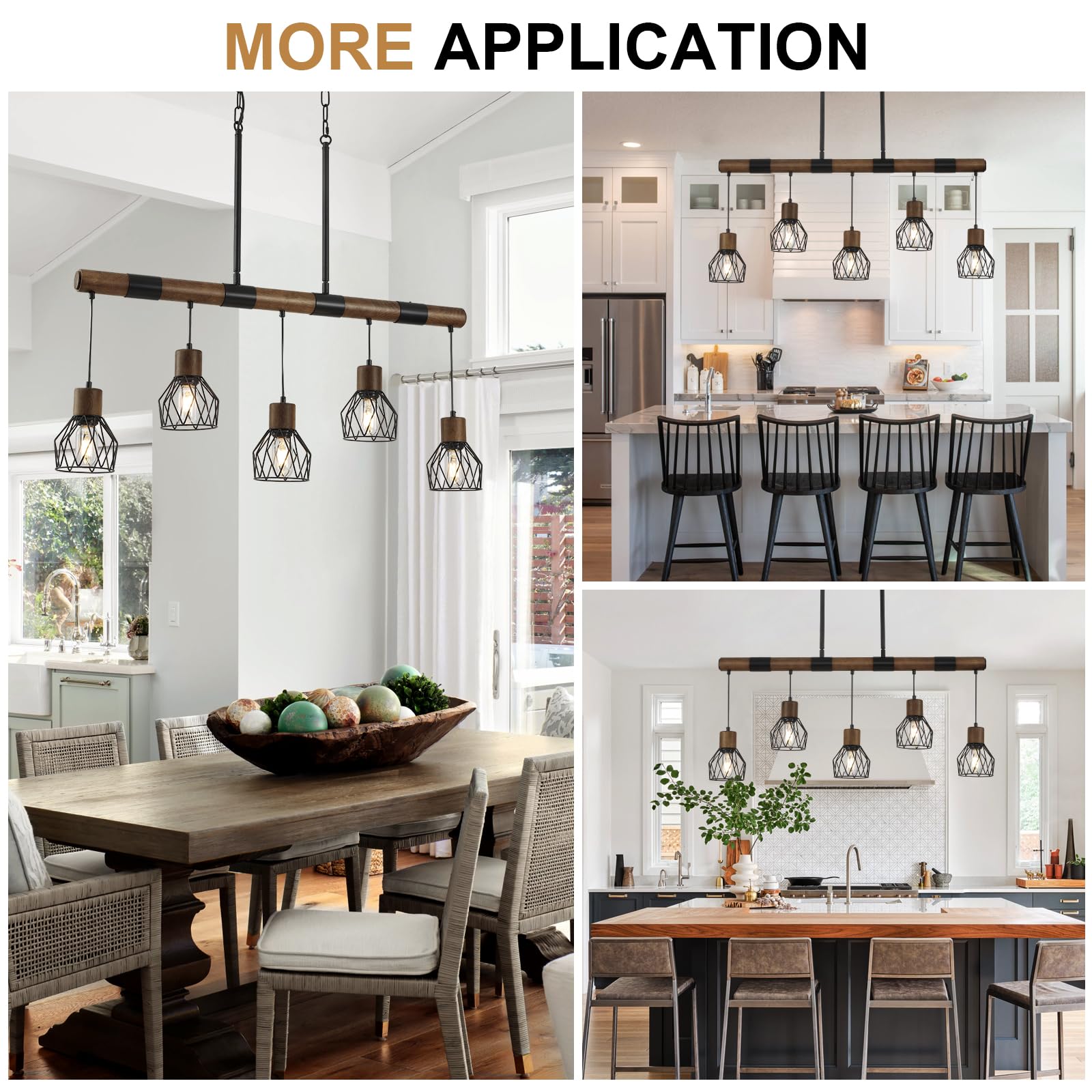 5-Light Kitchen Island Lighting Fixture - Farmhouse Linear Chandelier for Dining Room - Matte Black Rustic Wood Ceiling Pendant with Metal Lampshade - Perfect for Kitchen Islands, Dining Tables, and Farmhouse-Style Decor