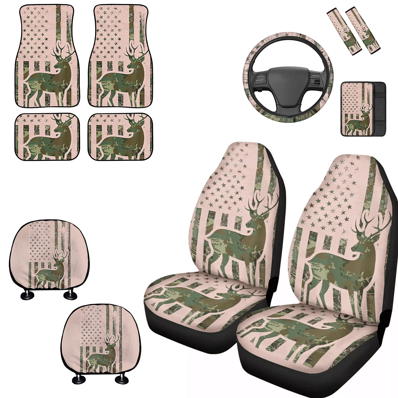 FKELYI Pink American USA Flag Camo Deer Design Car Seat Covers - Full Set with Non-Slip Floor Mats, Steering Wheel Cover & Accessories | Perfect for Trucks, SUVs & Off-Road Vehicles | Patriotic Car Interior Upgrade