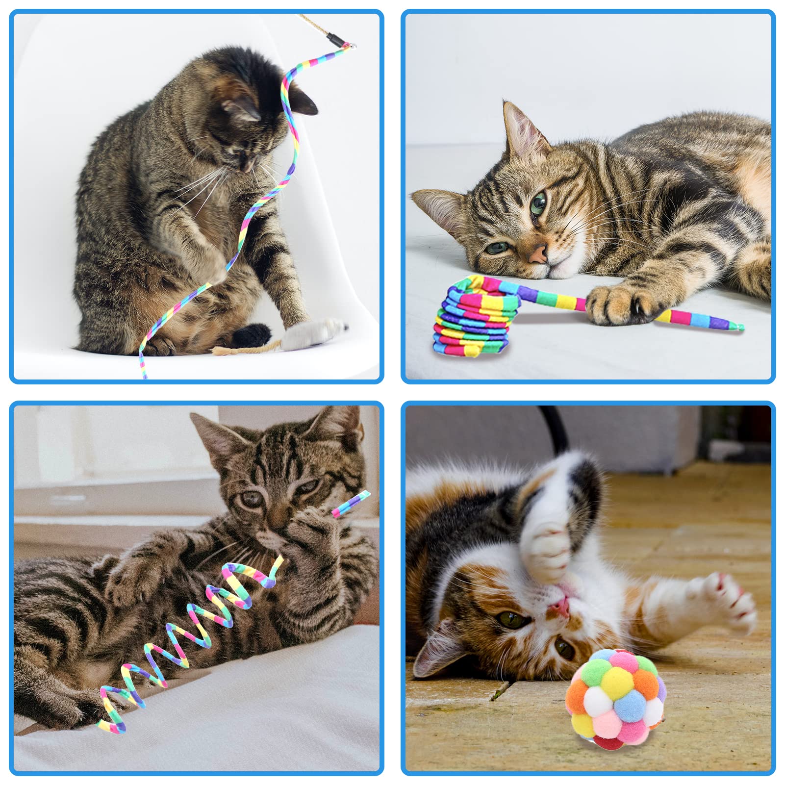 Interactive Cat Toys for Indoor Cats - 3 Pack Rainbow Wand, Fuzzy Balls with Bell & Springs - Fun Exercise Toys for Kittens & Puppies | Perfect for Playtime, Chase Games & Bonding Activities