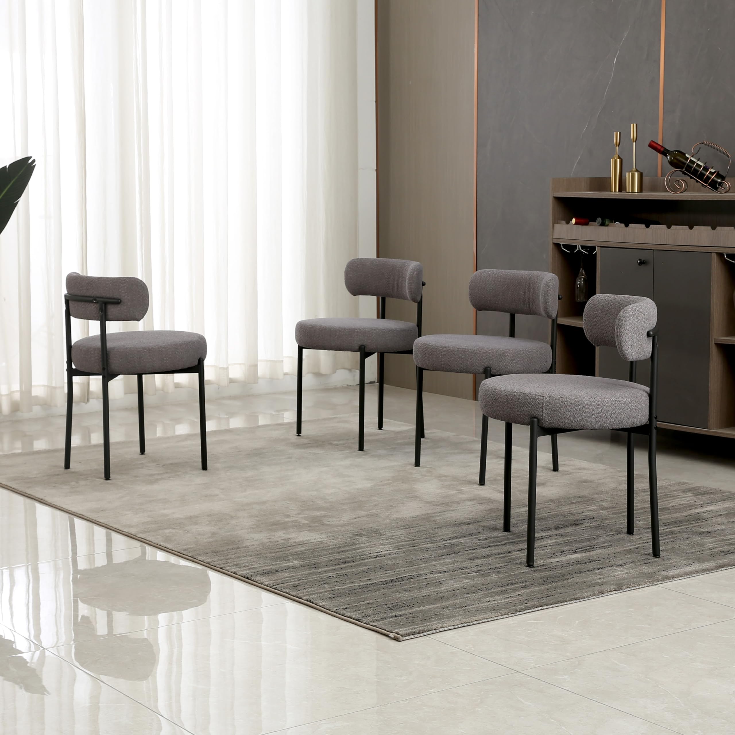 Dark Grey Upholstered Boucle Dining Chairs Set of 4 - Mid-Century Modern Round Kitchen Chairs with Curved Backrest & Black Metal Legs for Dining Room, Restaurant, or Cafe