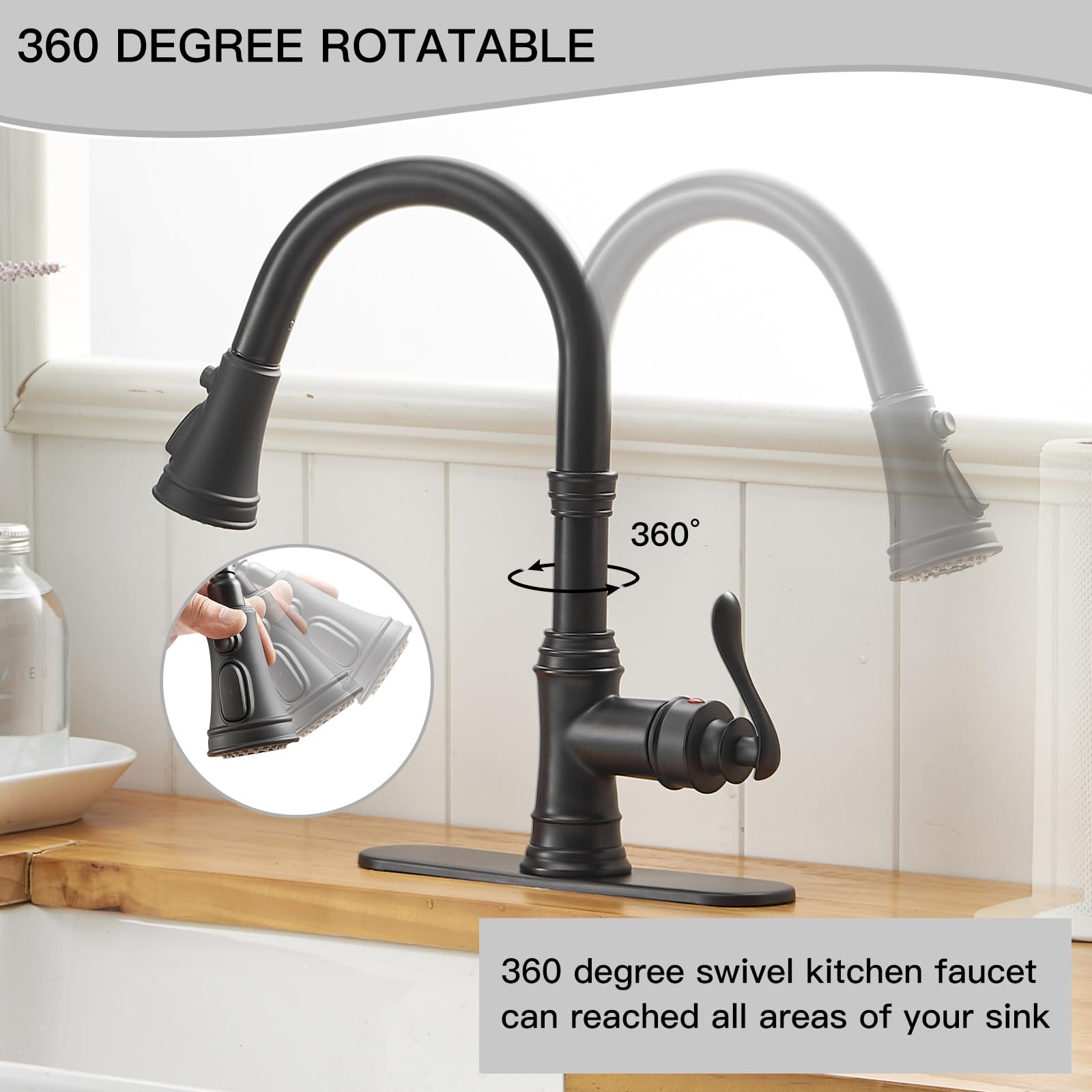 Matte Black Kitchen Faucet with Pull Down Sprayer - 3 Function Single Handle High Arc Commercial Sink Faucet with Deck Plate (Fits 1 or 3 Hole) - Perfect for Modern Kitchens, Restaurants & Food Prep Areas
