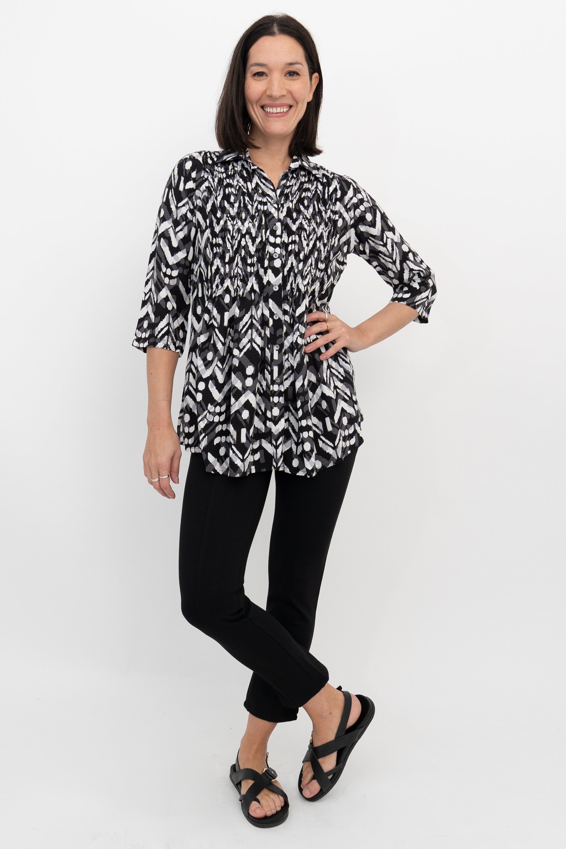 Cindy 3/4 Sleeve Tops for Women - Black & White Mosaic Print Blouse | Perfect for Office Wear, Casual Outfits & Date Nights