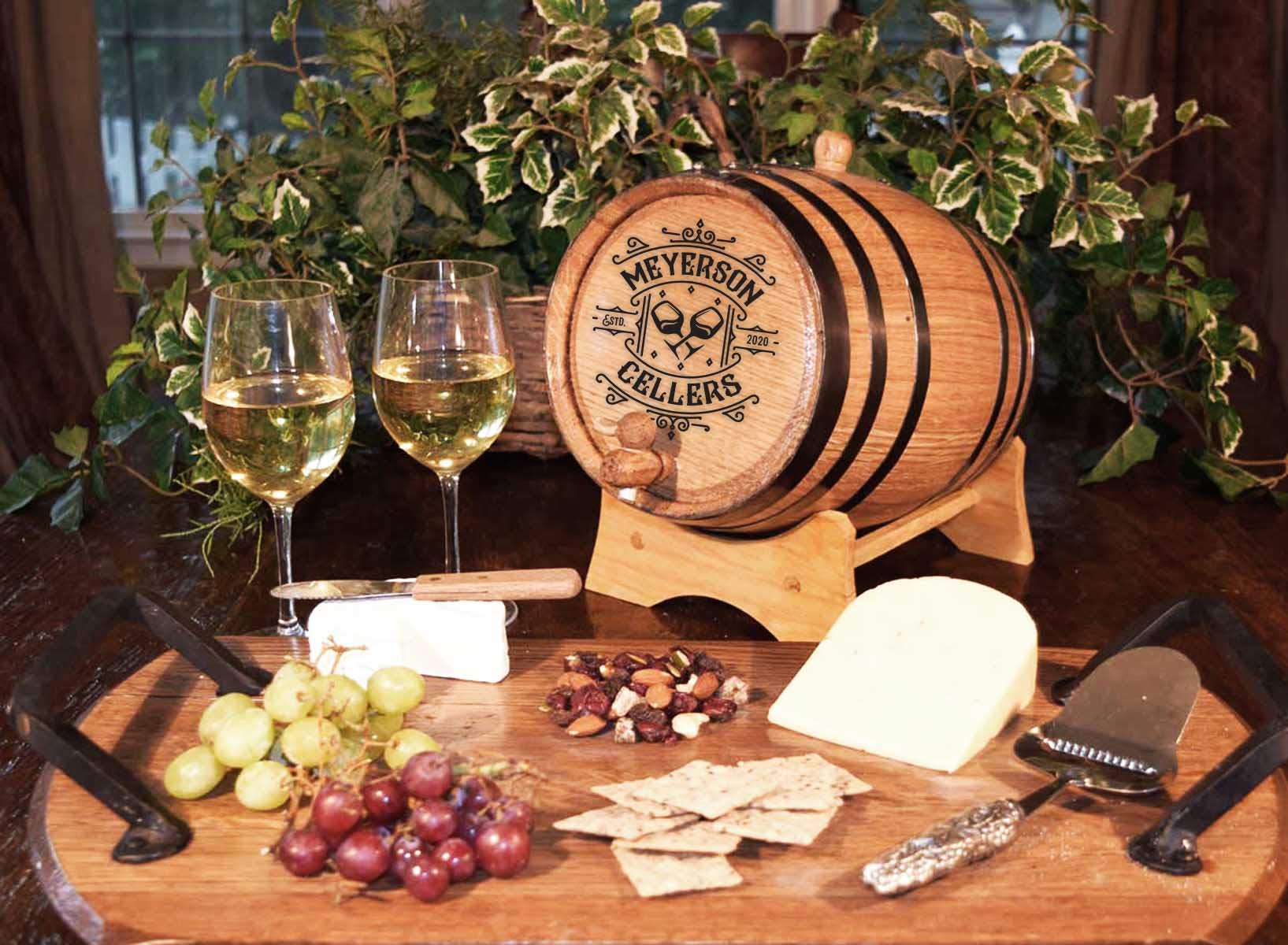 Personalized 1 Gallon (5 Liter) Premium Toasted American Oak Wine Aging Barrel with Bung, Spigot & Wood Stand - Custom Laser Engraved Cellar Design (B392) - Perfect for Home Brewing, Wine Making & Unique Gifts