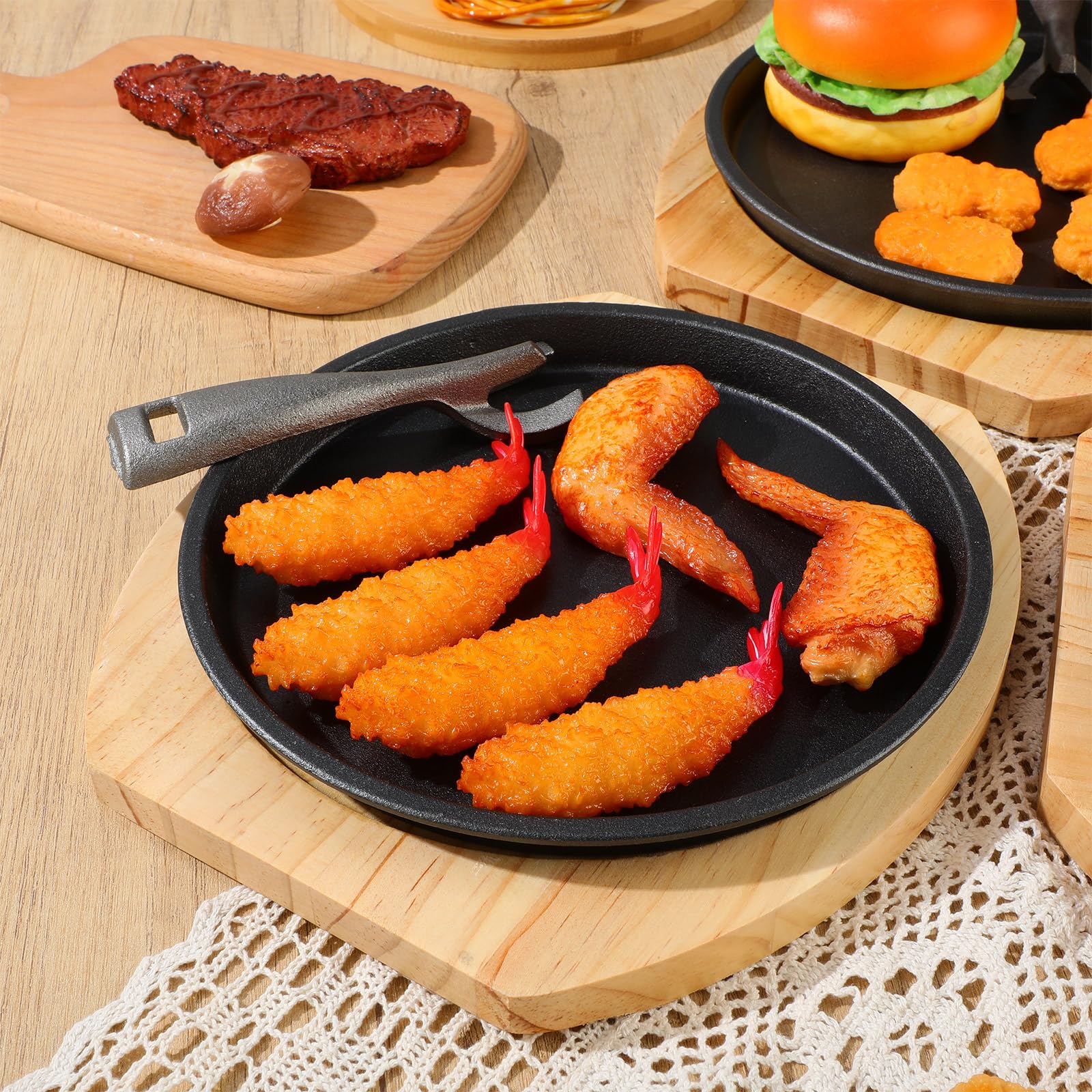 6-Piece Cast Iron Fajita Plate Set with Wooden Base - Anti-Scald Protection & Removable Handle - 8.7 Inch Sizzling Skillets for Home, Restaurant & BBQ - Perfect for Sizzling Fajitas, Steak, Seafood & Sizzler Dishes at Parties & Outdoor Cooking