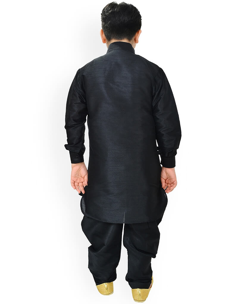 Premium Black Kurta Pajama Set - 100% Pure Dhupion Silk Men's Traditional Indian Wear for Festivals, Weddings & Special Occasions
