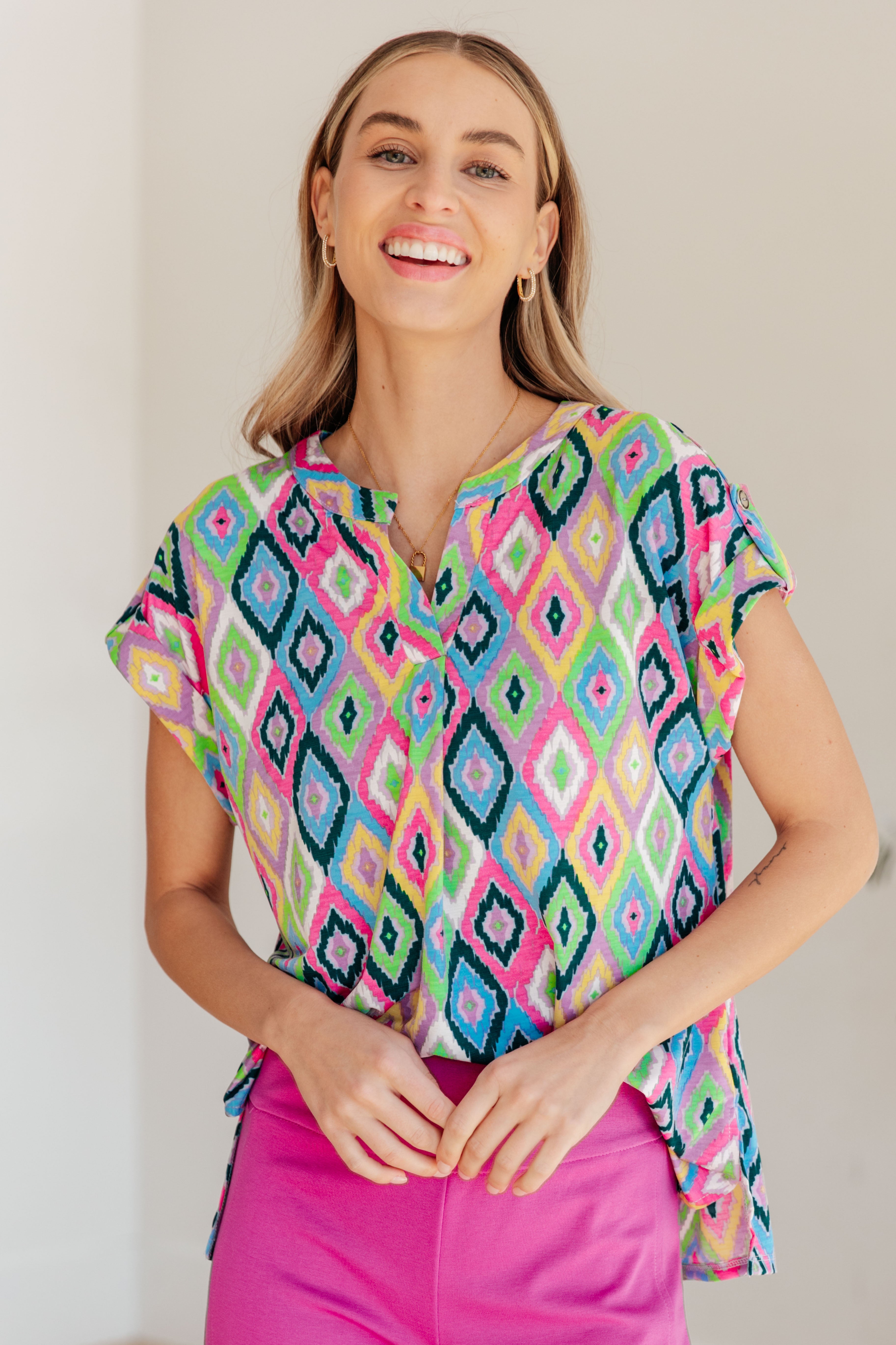 Lizzy Cap Sleeve Top in Lavender Ikat Print - Women's Floral Blouse for Casual Wear, Office Outfits & Summer Fashion