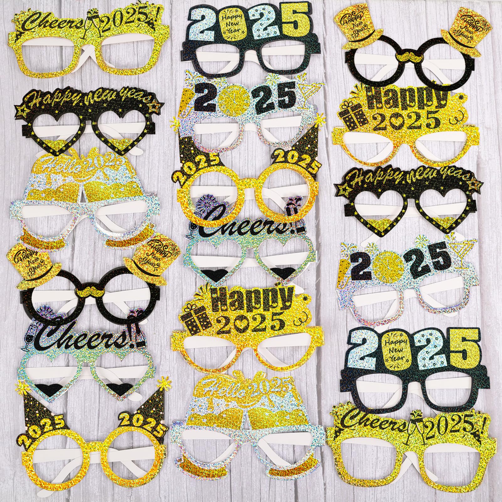 18Pcs Glitter Happy New Year Glasses 2025 - Black Gold Silver NYE Party Glasses for New Year's Eve, 9 Styles - Perfect for Countdown Parties, Celebrations & Holiday Decorations