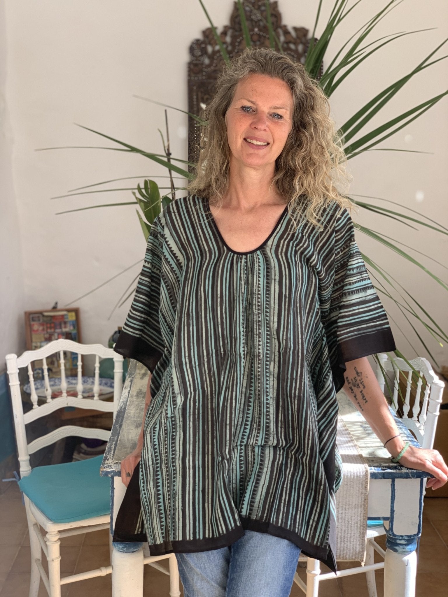 Handmade Modern Block Print Art Laos Blouse - Boho Chic Cotton Tunic Top for Women | Perfect for Summer, Beach, and Casual Outfits
