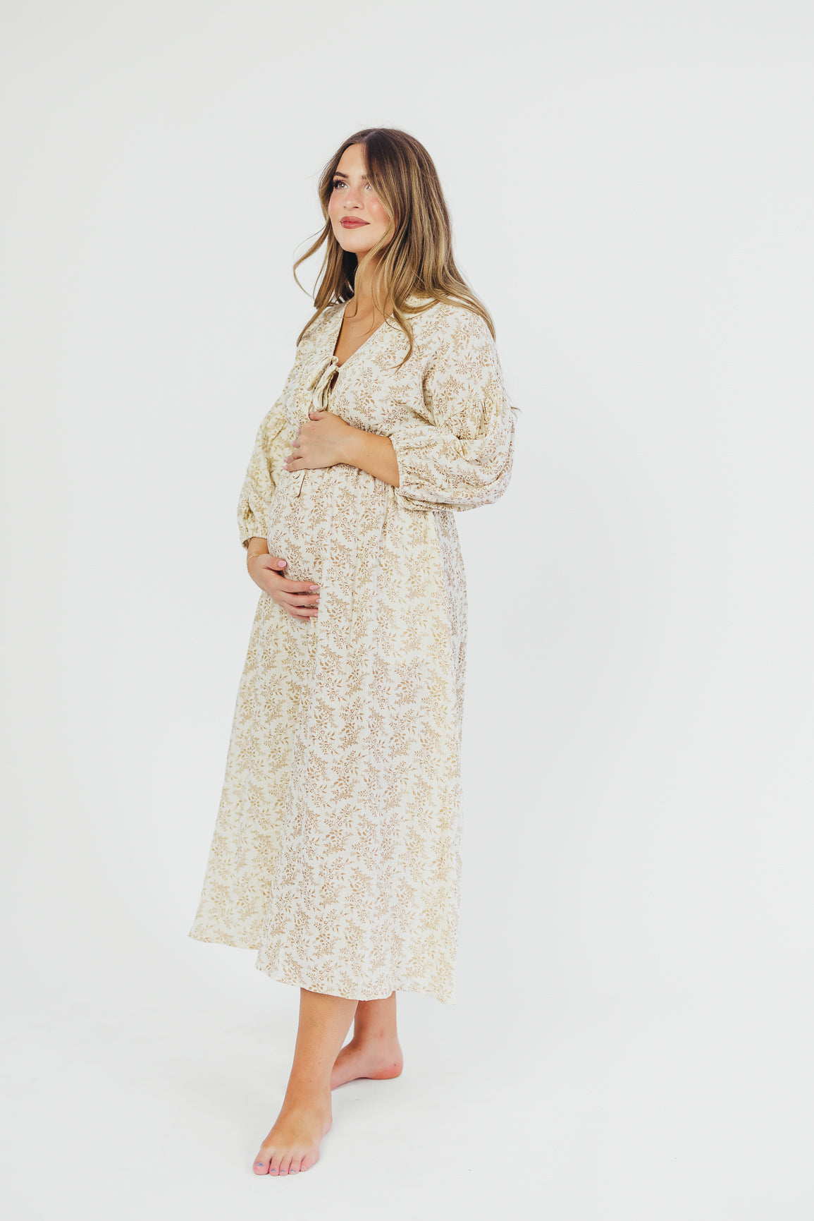 Hunter 100% Cotton Gauze Midi Dress - Breezy Floral Print in Natural/Tan | Bump Friendly & Inclusive Sizing | Perfect for Maternity Wear, Beach Vacations & Summer Outings