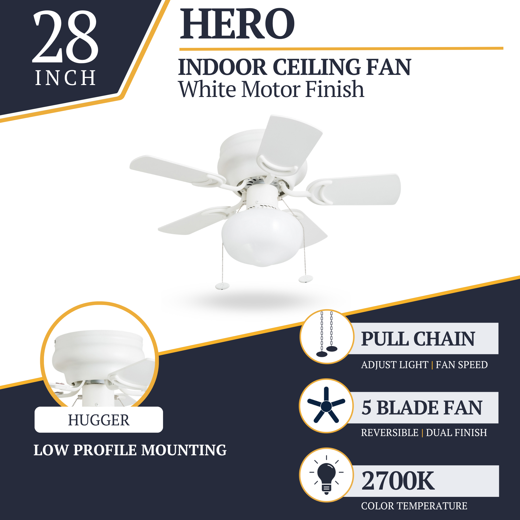 28 Inch White Ceiling Fan with Pull Chain - Hero Series | Perfect for Living Room, Bedroom & Office Cooling