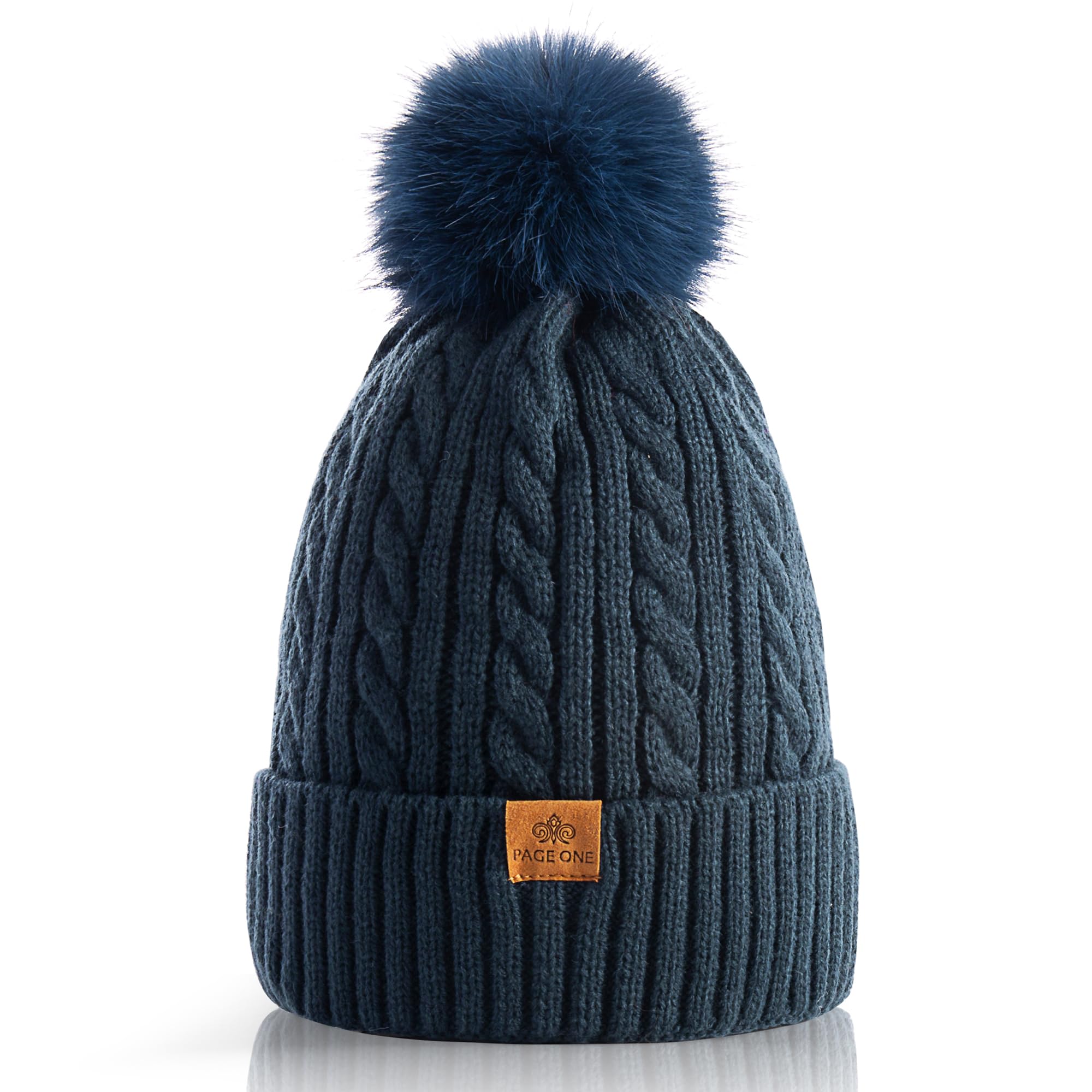 PAGE ONE Women's Winter Pom Pom Beanie Hat - Fleece Lined Warm Knit Cap with Chunky Chenille Twist, Trendy Cute Design for Cold Weather - Perfect for Snow Days, Outdoor Activities & Fashion Accessories