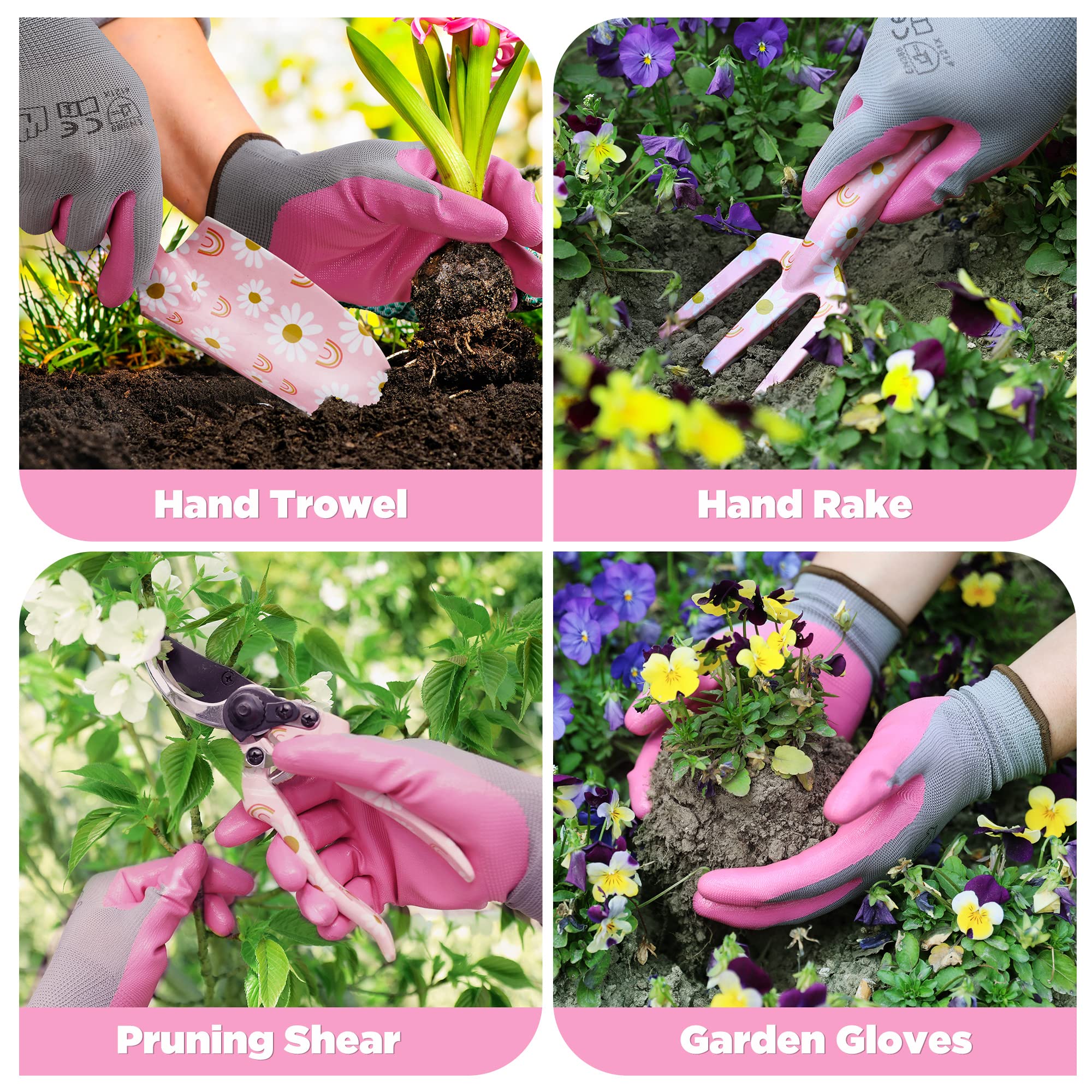 WORKPRO 4-Piece Heavy Duty Aluminum Garden Tool Set with Trowel, Rake, Pruner & Gloves - Pink Gardening Gift Set for Women, Ideal for Planting, Weeding & Landscaping in Backyard or Flower Beds