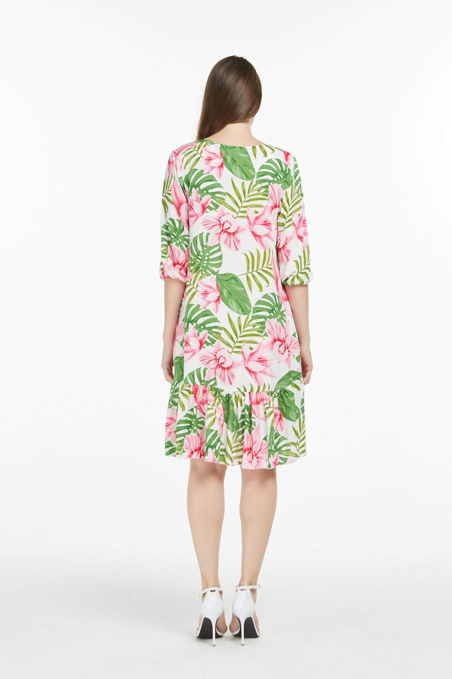 Stylish Couple Matching Hawaiian Luau Shirt & 3/4 Sleeve Ruffle Dress - Vibrant Neon Sunset Print for Beach Vacation, Summer Party, and Tropical Theme Events