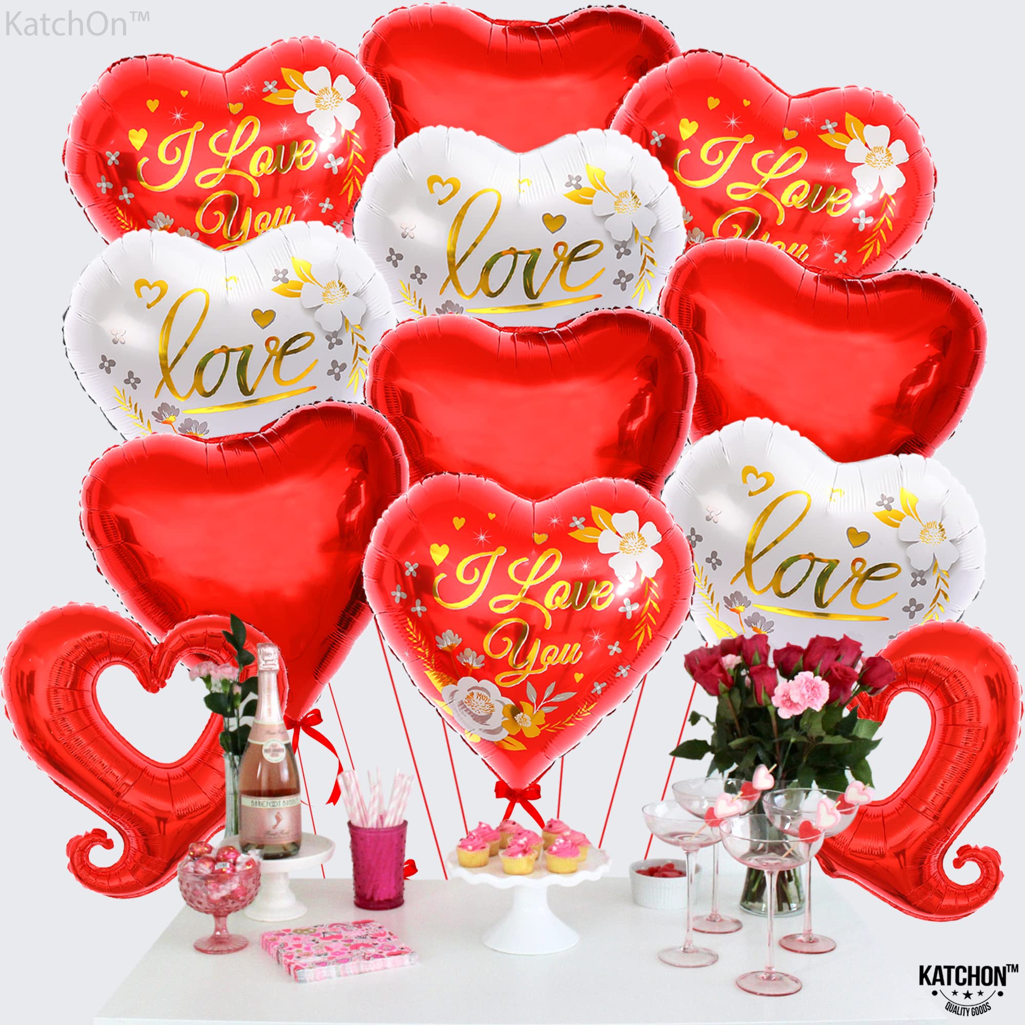 KatchOn Red & White I Love You Balloons - 18 Inch Heart Shaped Balloons (Pack of 12) | Valentine's Day Decorations, Romantic Party Supplies | Perfect for Wedding Proposals, Anniversary Celebrations & Special Date Nights