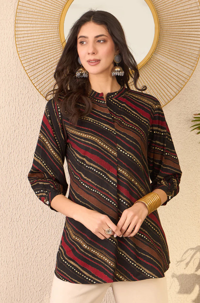 Stylish Black Cotton Blend Leheriya Printed Tunic Top for Women | Comfortable & Fashionable Casual Wear | Perfect for Office, Party & Daily Outfits