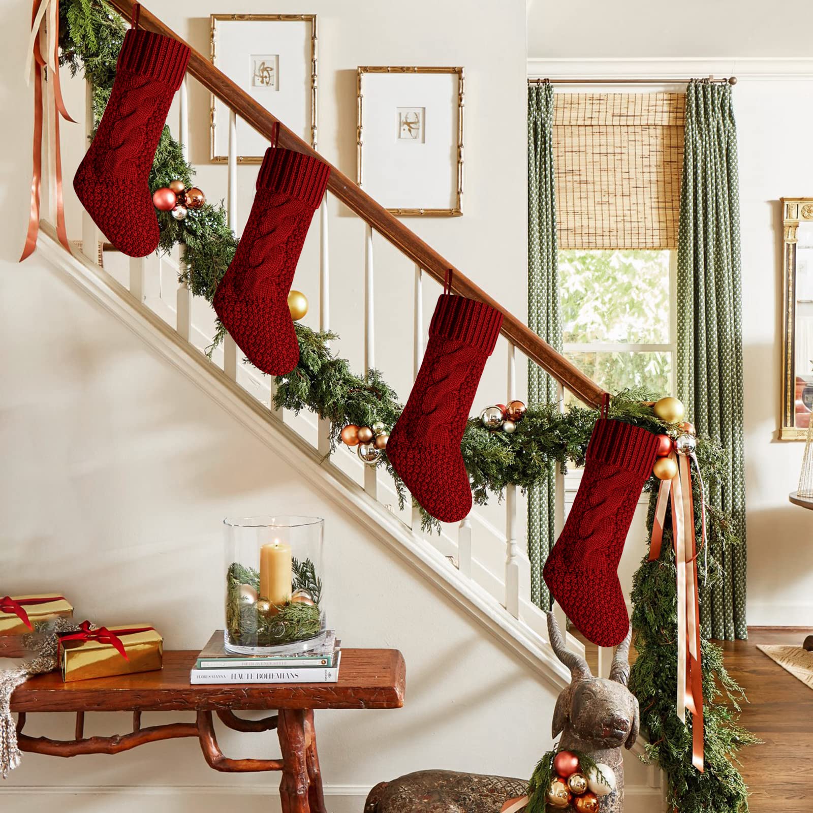 6-Pack 18 Inch Burgundy Knitted Christmas Stockings with Elegant Design - Perfect for Holiday Decor, Fireplace Mantel, and Gift Giving